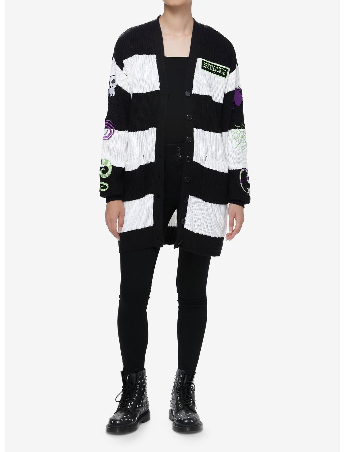 Beetlejuice Black & White Stripe Patches Cardigan, MULTI, alternate