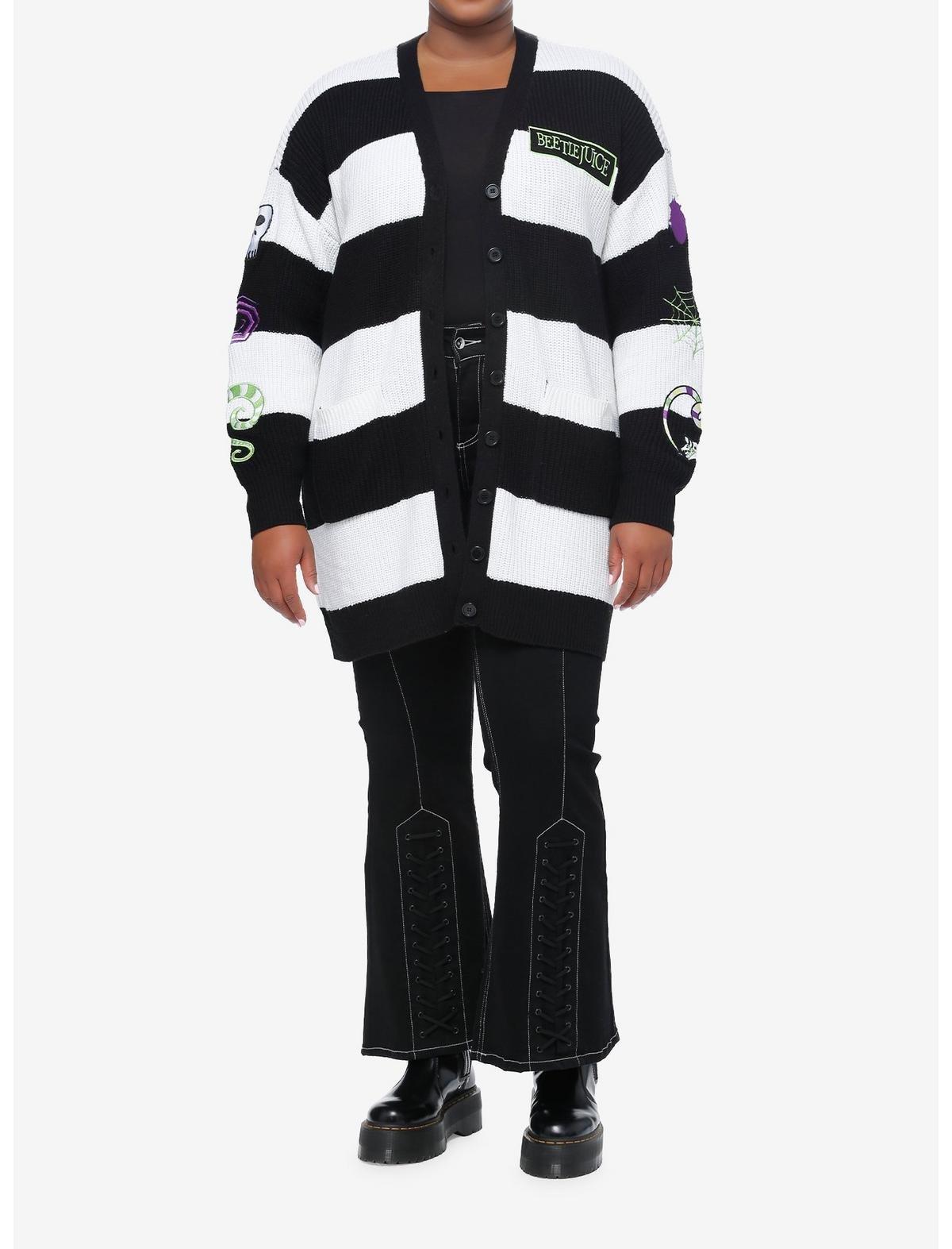Beetlejuice Black & White Stripe Patches Cardigan Plus Size, MULTI, alternate