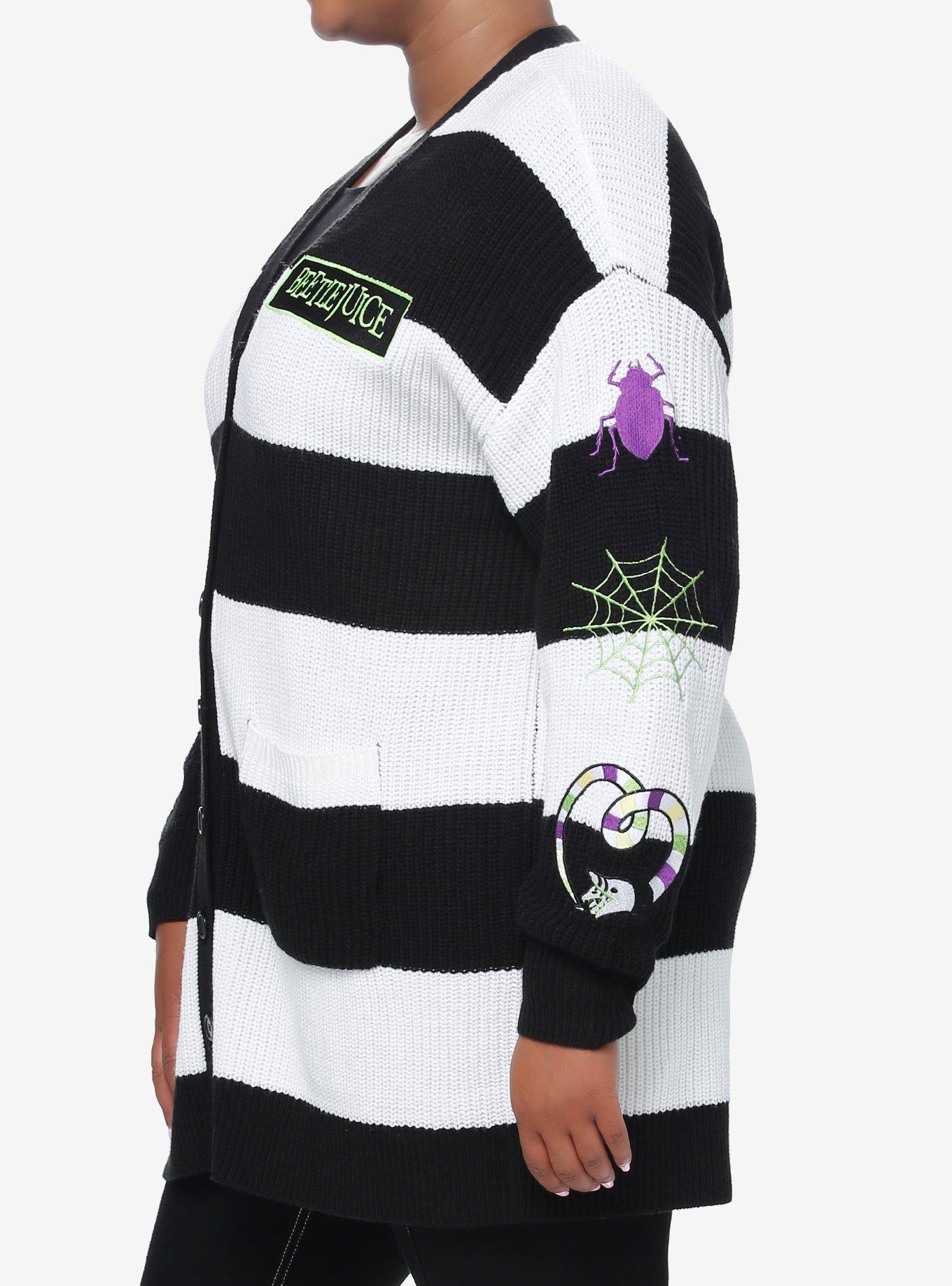 Beetlejuice Black & White Stripe Patches Cardigan Plus Size, MULTI, alternate