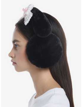 Black Bunny Ear Lace Bow Earmuffs, , hi-res