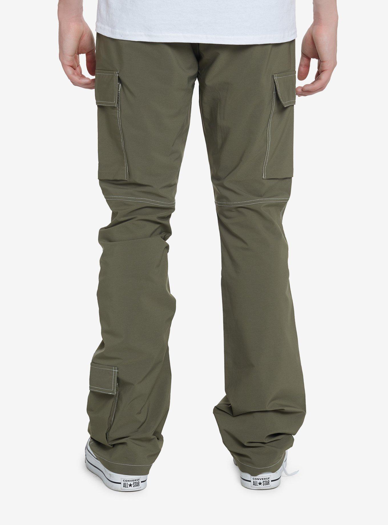 Olive Green Contrast Stitch Cargo Pants, WHITE, alternate