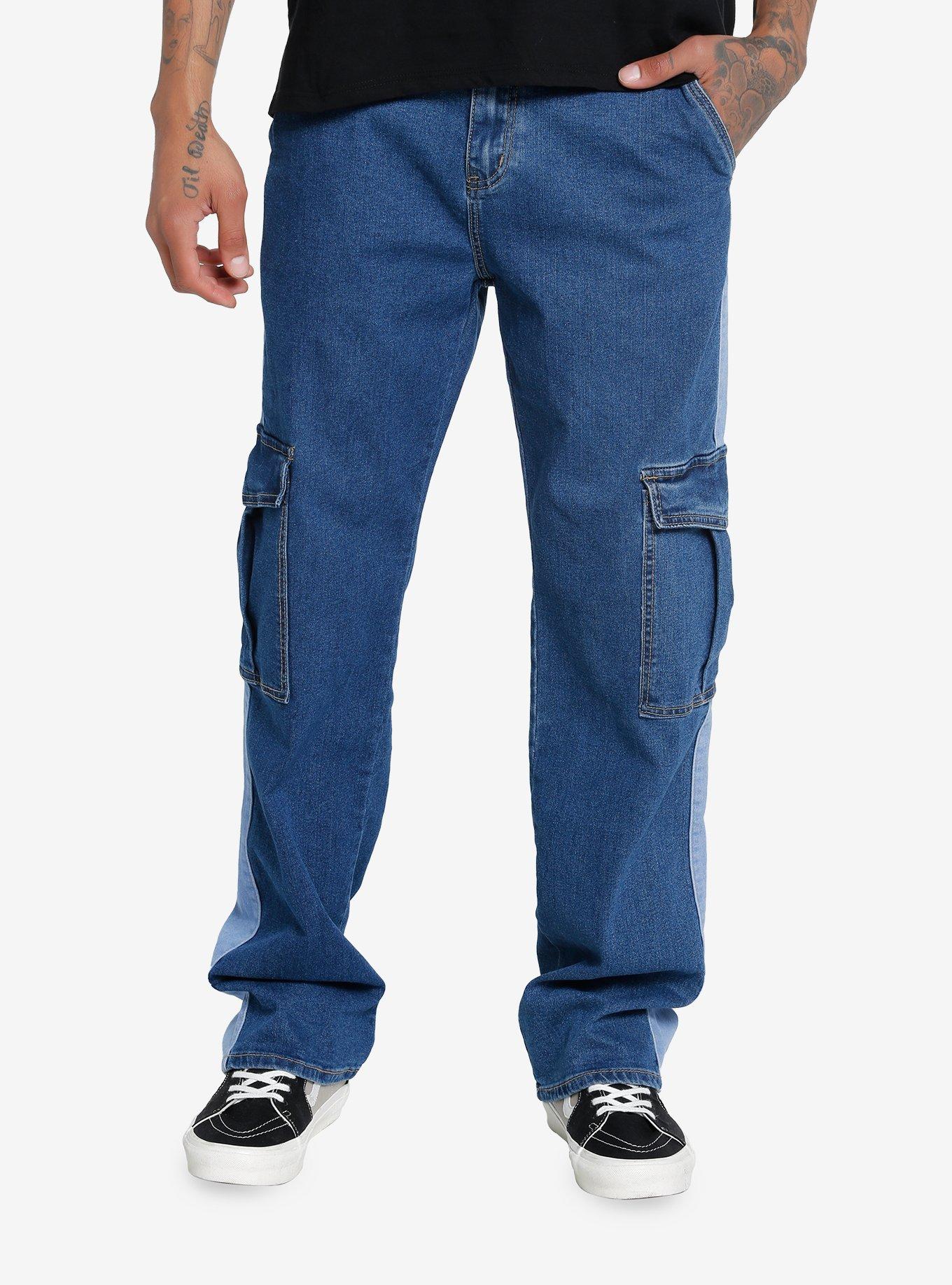 Dark & Light Indigo Denim Cargo Pants, BLUE, alternate