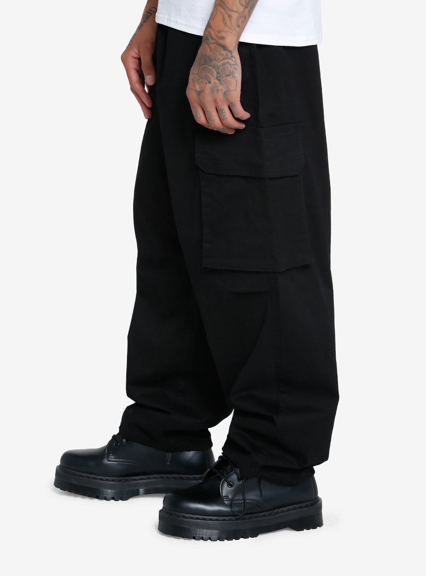 Black Cargo Parachute Pants, BLACK, alternate