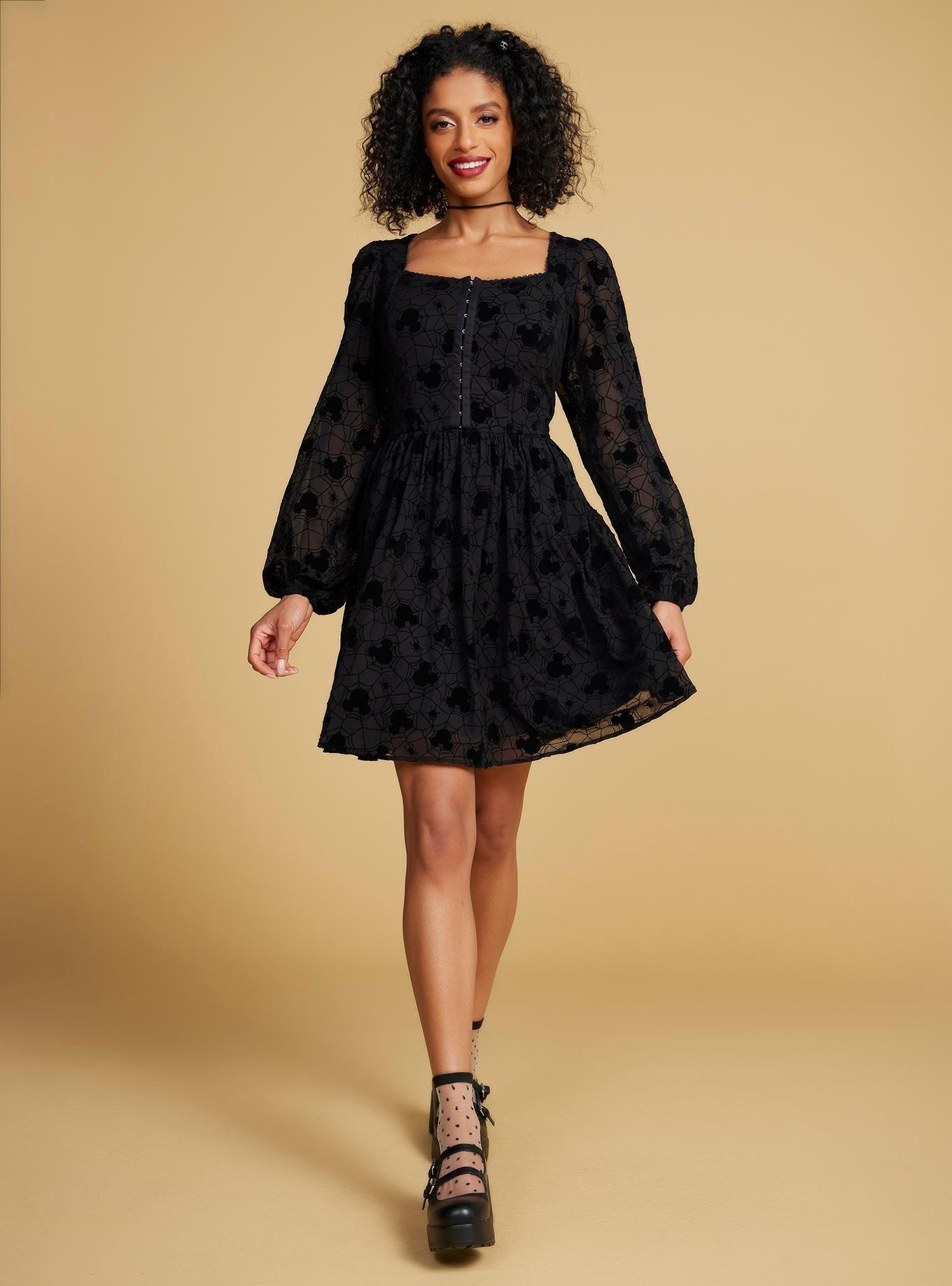 Disney Mickey Mouse Spider Web Long Sleeve Smock Dress - BoxLunch Exclusive, BLACK, alternate