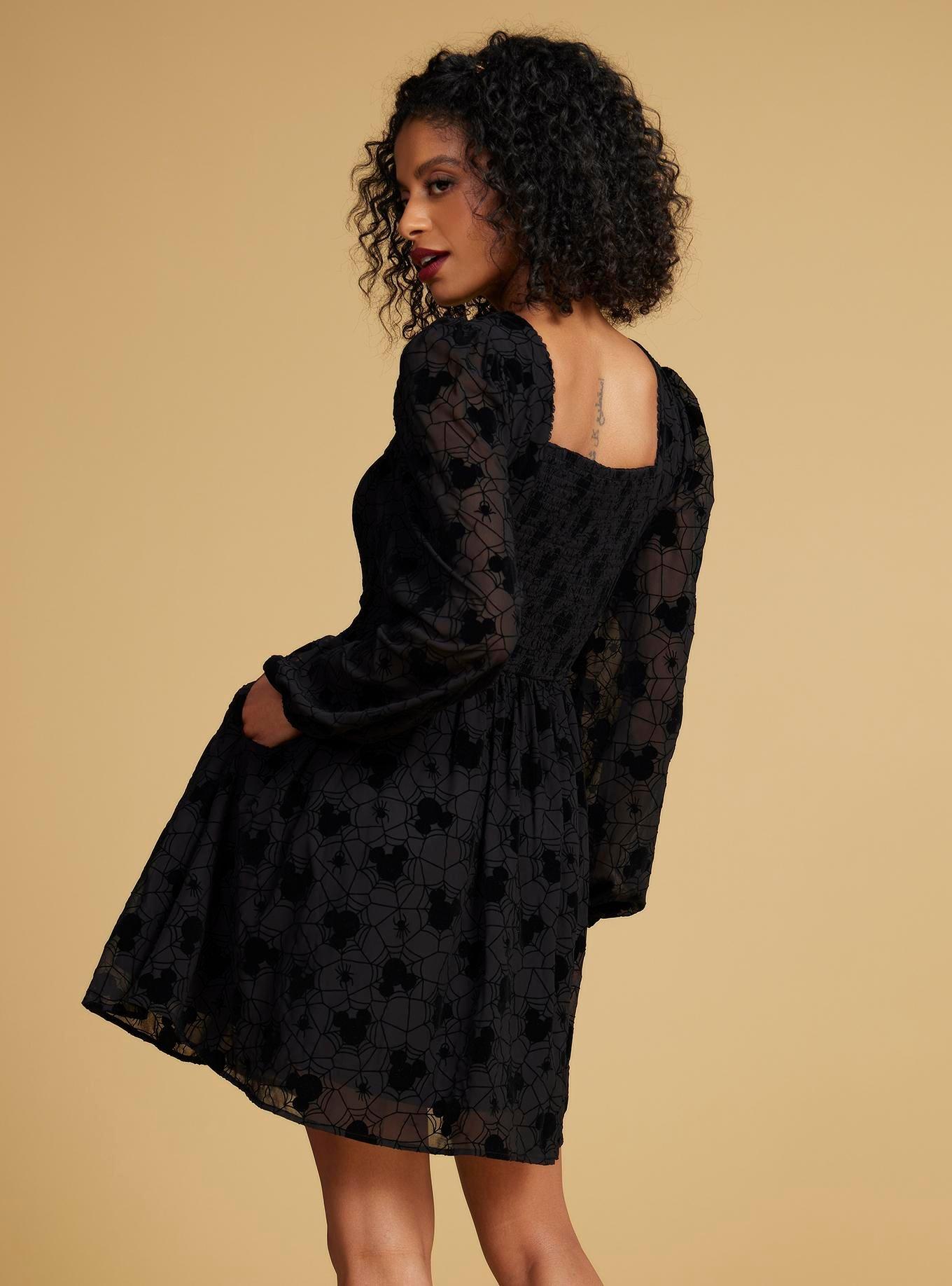 Disney Mickey Mouse Spider Web Long Sleeve Smock Dress - BoxLunch Exclusive, BLACK, alternate