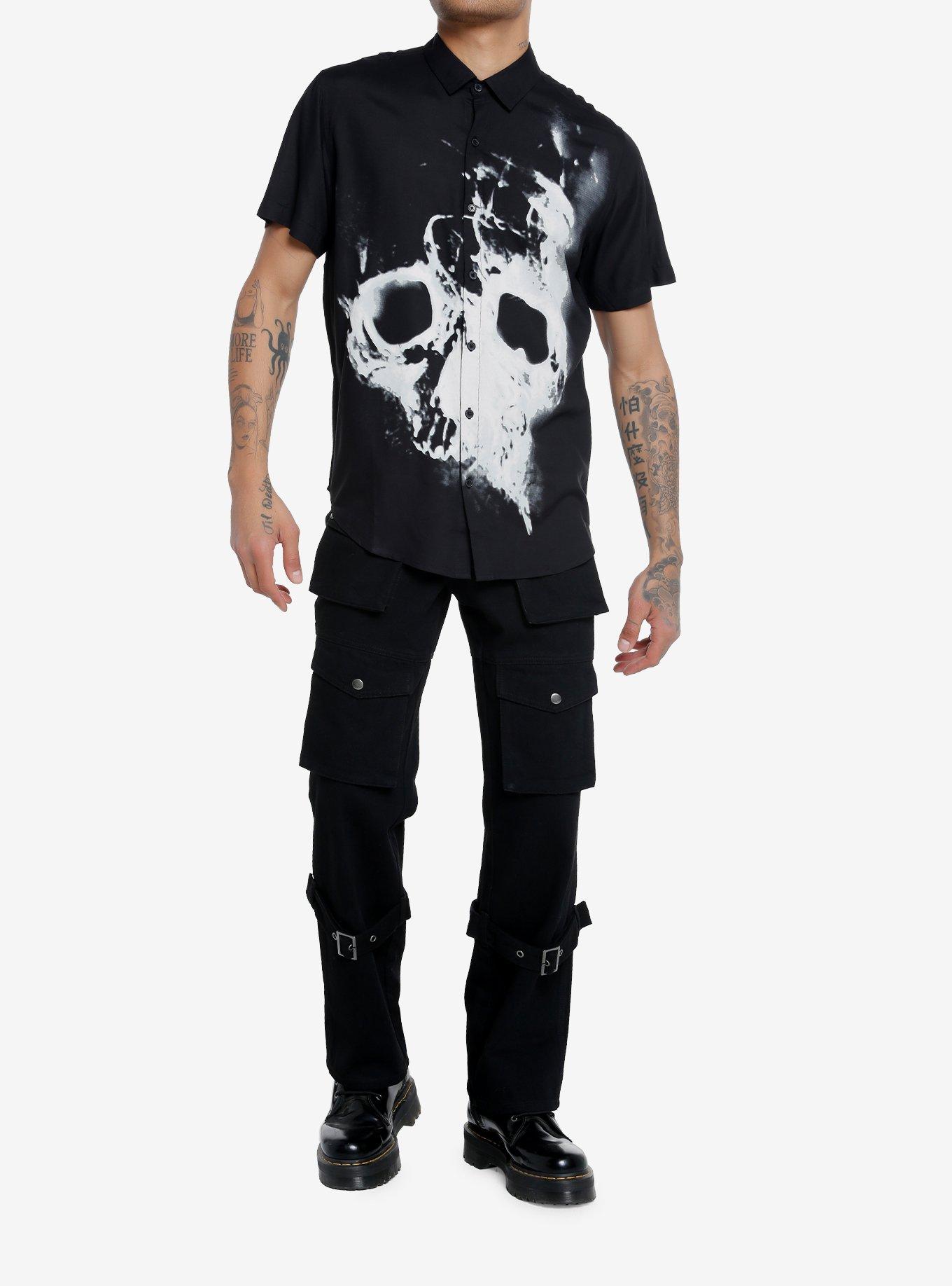 Hollow Skull Woven Button-Up, BLACK, alternate