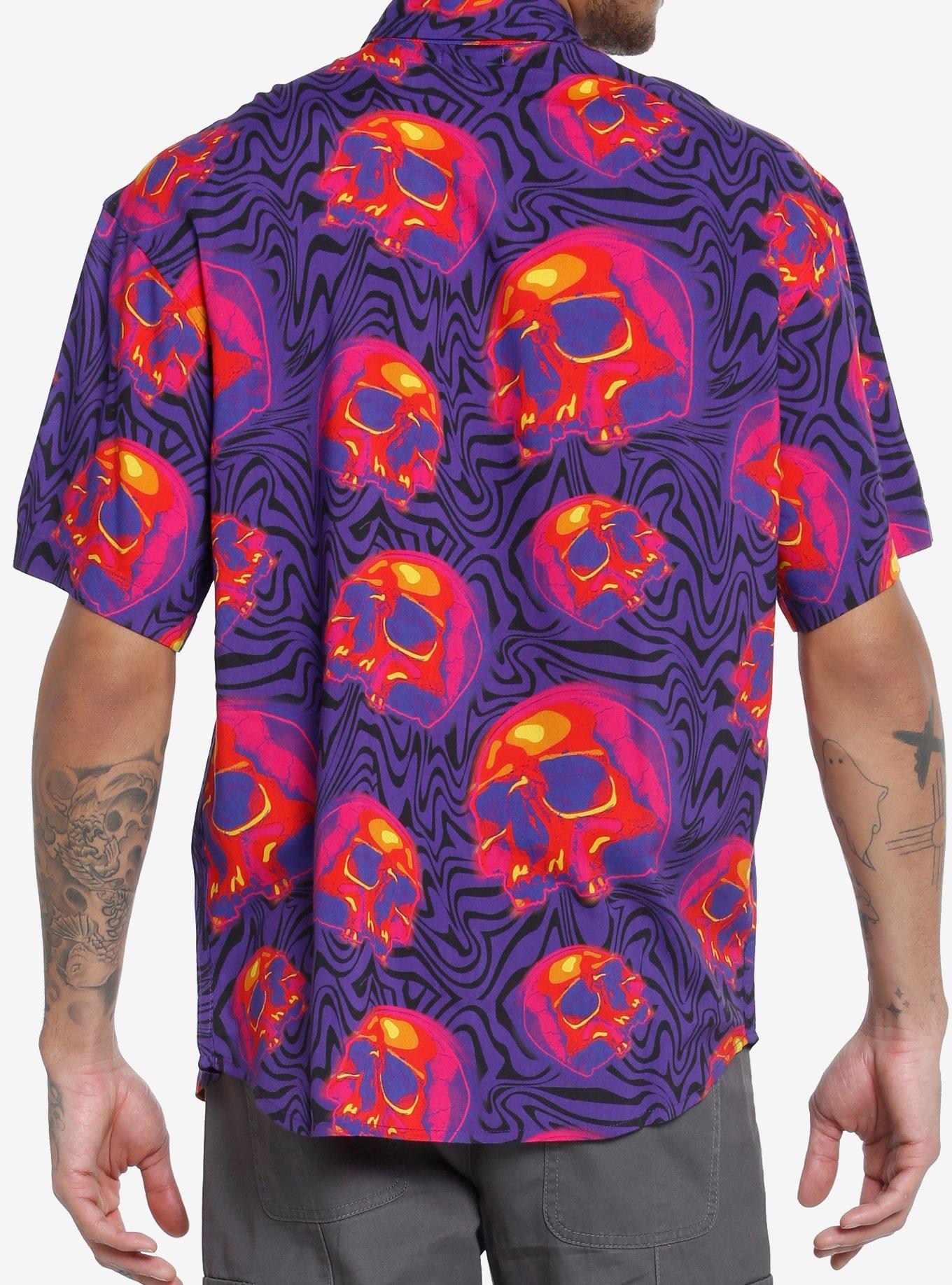 Neon Pink & Orange Skull Waves Woven Button-Up, MULTI, alternate