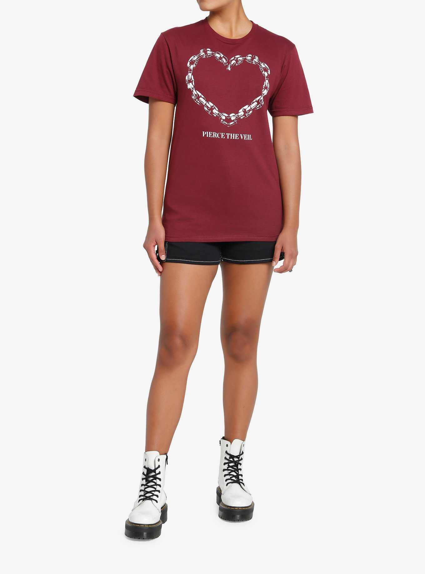 Pierce The Veil Chain Heart Burgundy Boyfriend Fit Girls T-Shirt, , hi-res