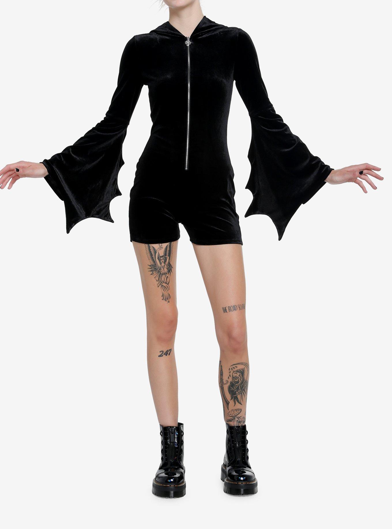 Cosmic Aura Black Spiderweb Bell-Sleeve Velvet Romper, , hi-res