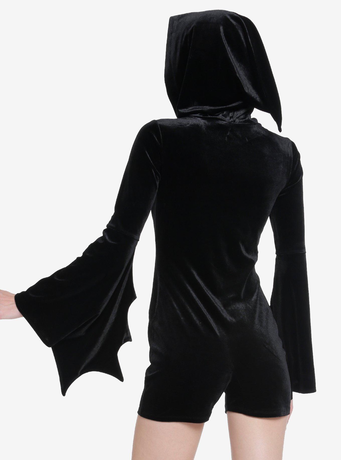 Cosmic Aura Black Spiderweb Bell-Sleeve Velvet Romper, BLACK, alternate