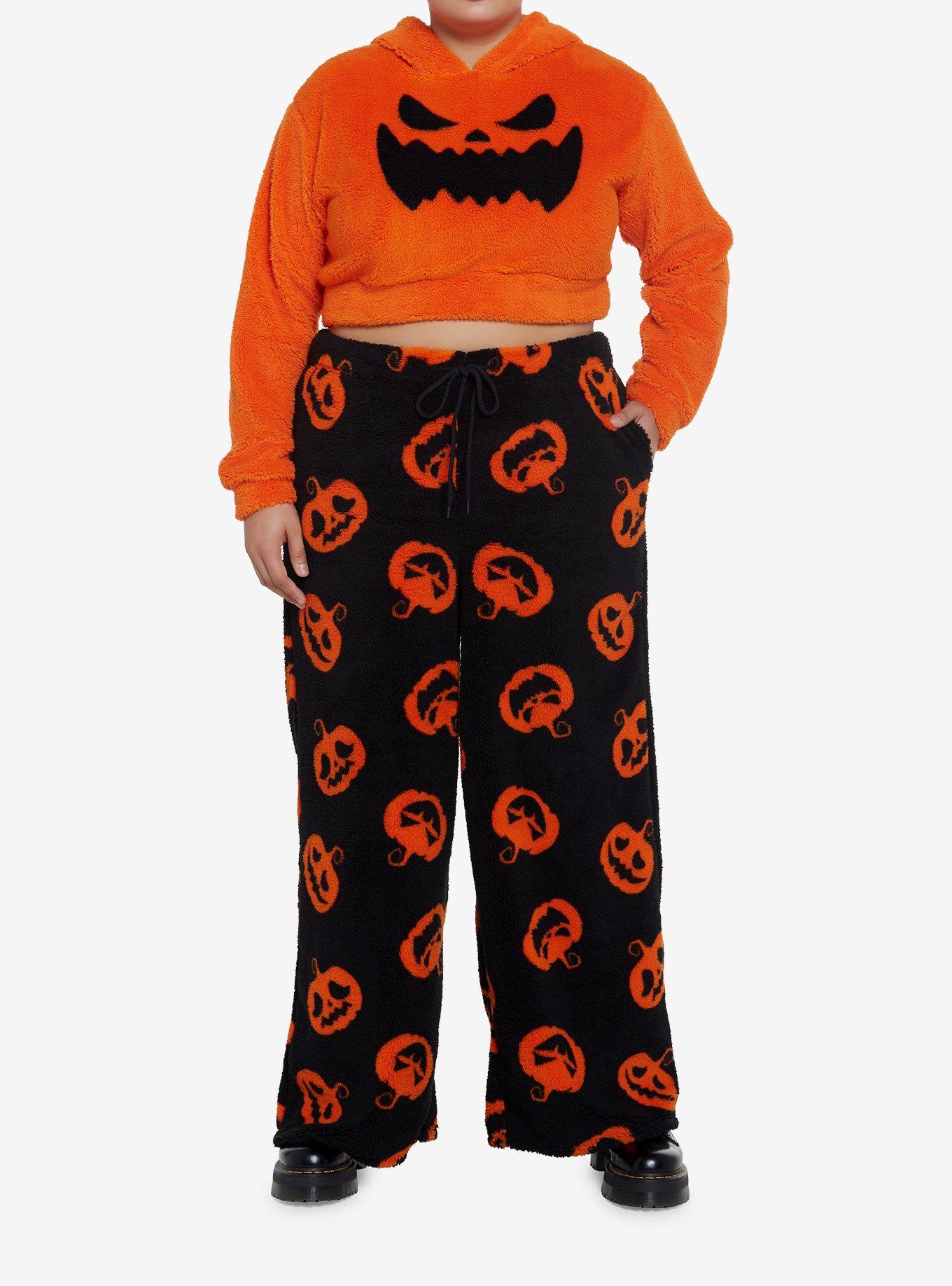 Orange Pumpkin Girls Fuzzy Crop Hoodie Plus Size, , hi-res