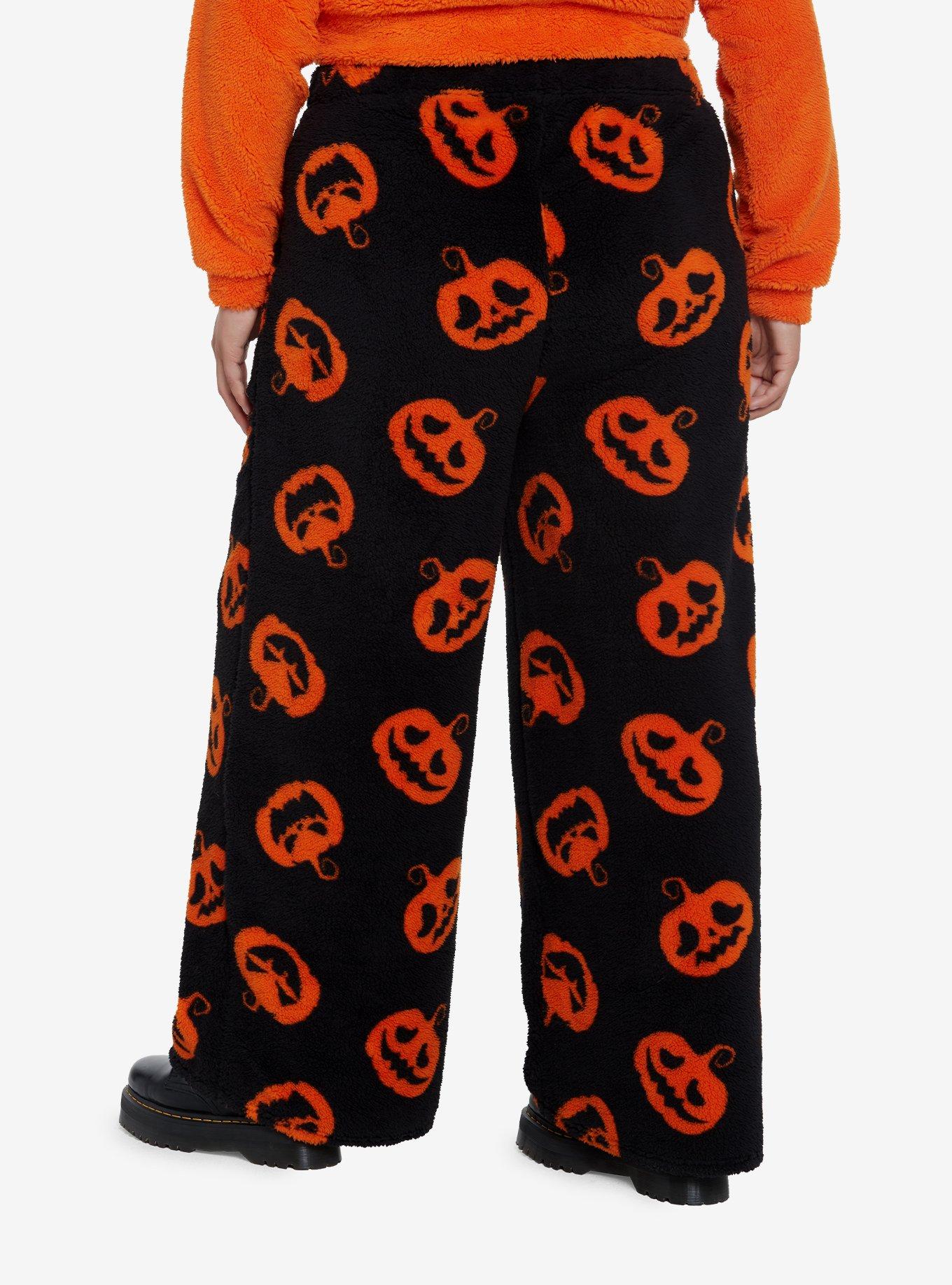 Orange Pumpkin Girls Fuzzy Pajama Pants Plus Size, BLACK, alternate