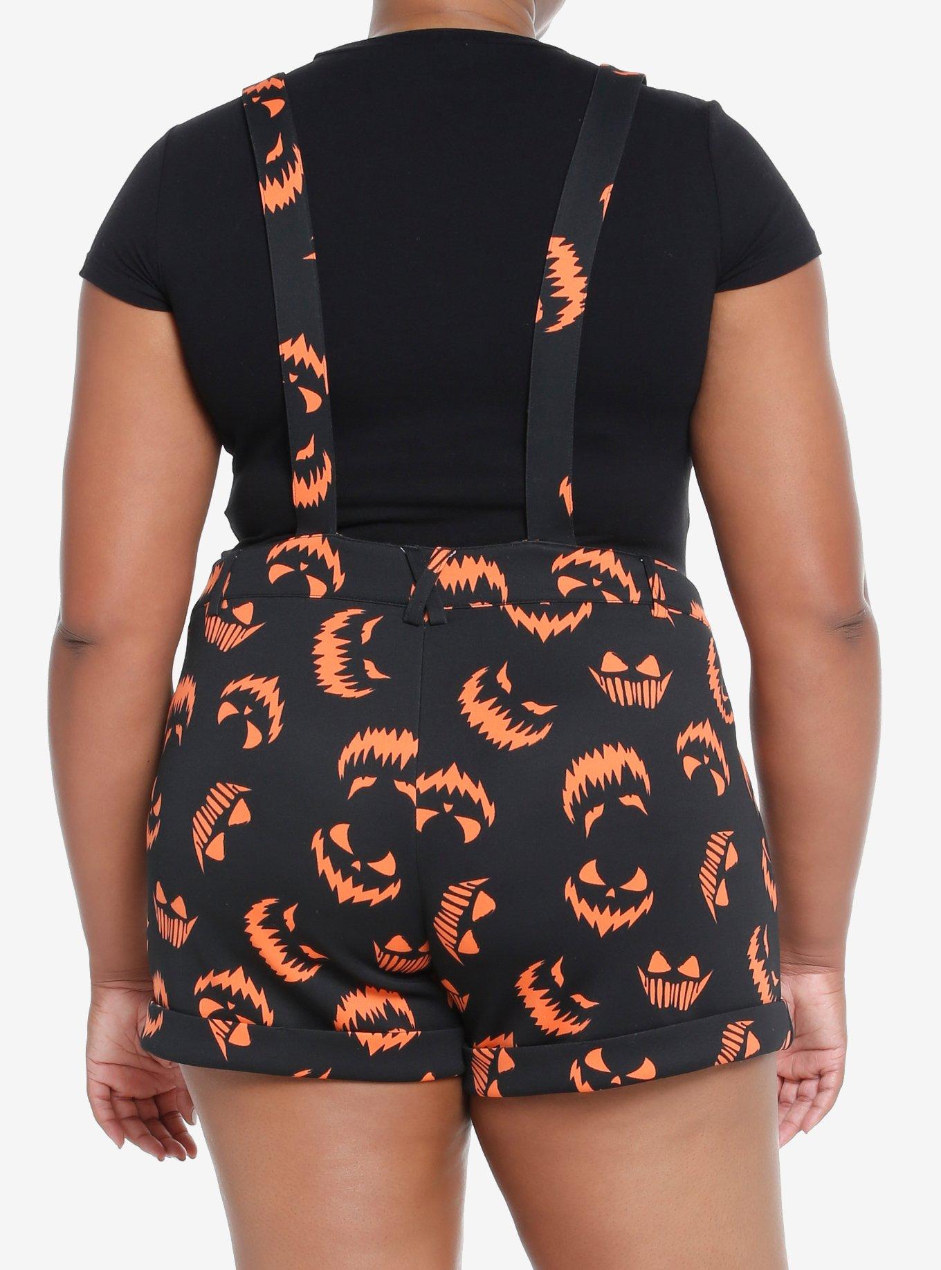 Social Collision Black & Orange Pumpkin Scuba Shortalls Plus Size, ORANGE, alternate