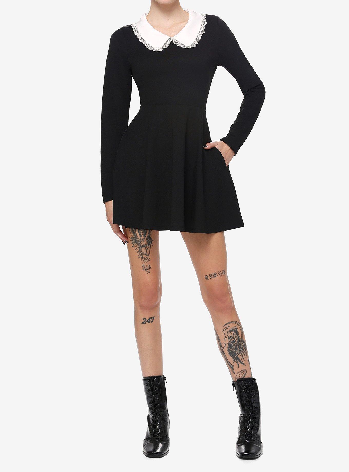 Cosmic Aura Black Peter Pan Collar Long-Sleeve Dress, BLACK, alternate