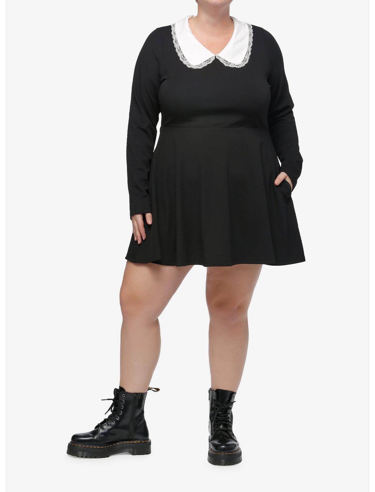 Cosmic Aura Black Peter Pan Collar Long-Sleeve Dress Plus Size, BLACK, alternate