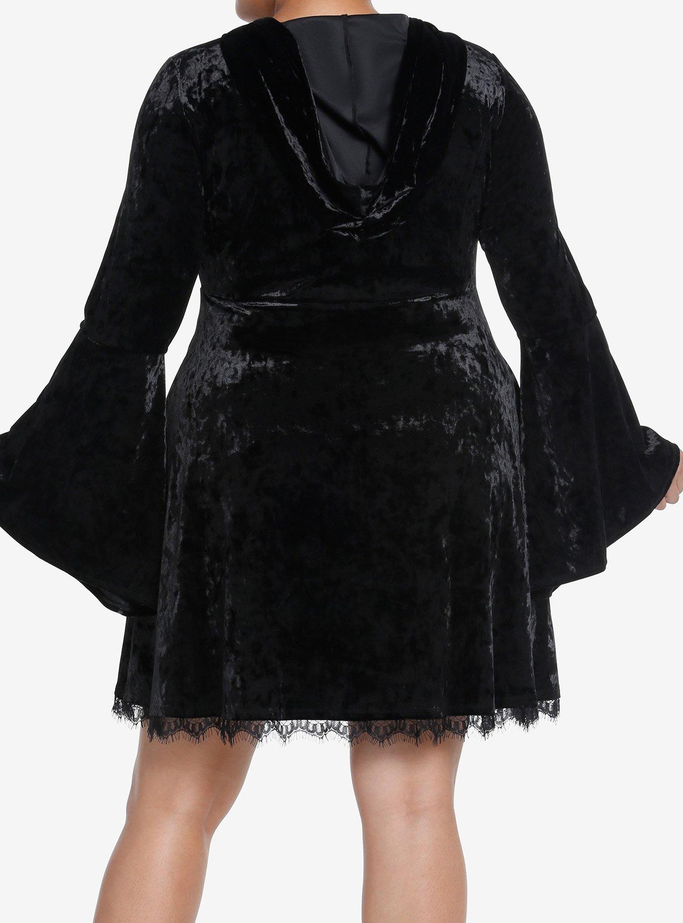 Cosmic Aura Black Velvet Hooded Dress Plus Size, BLACK, alternate