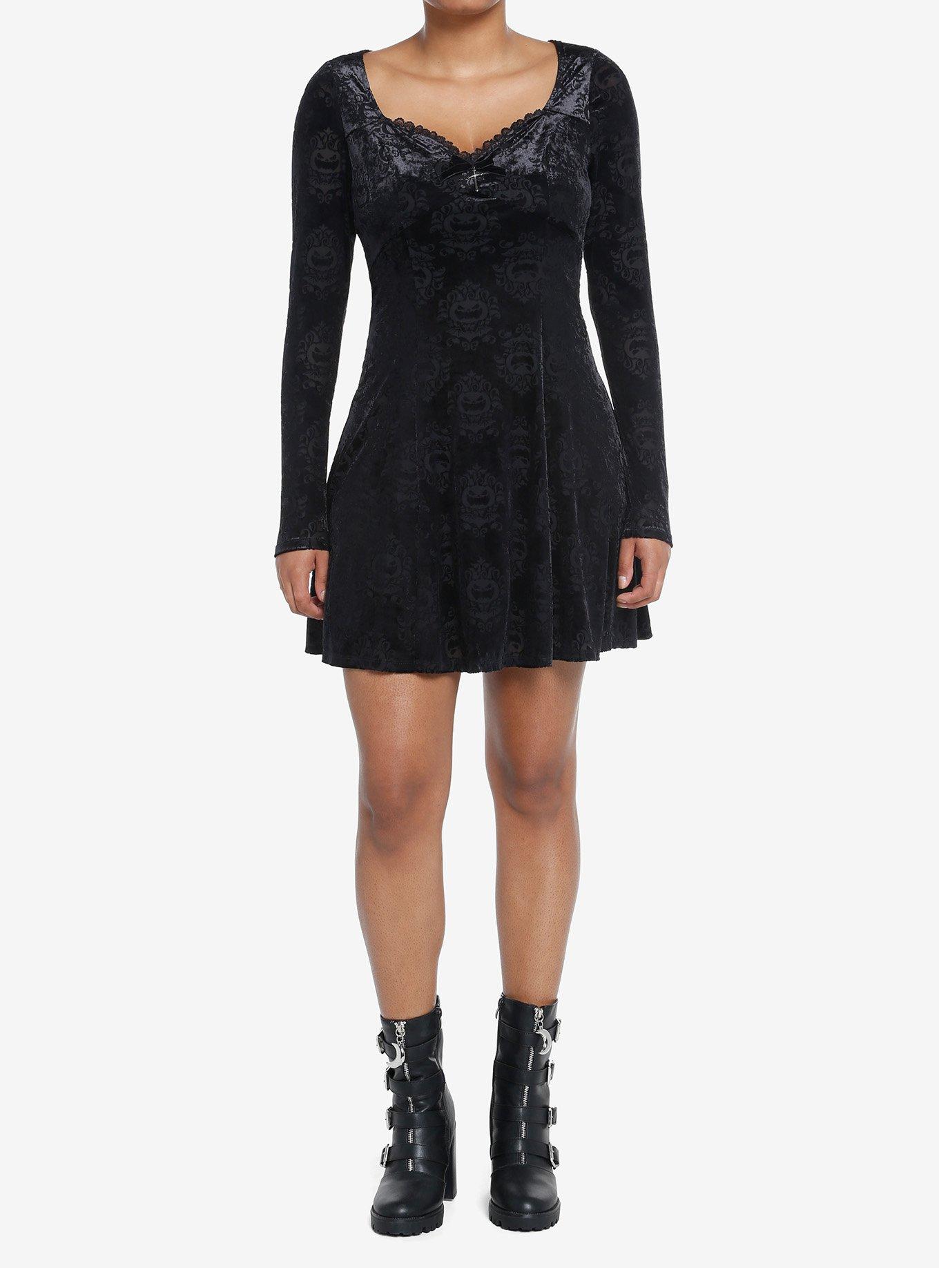 Cosmic Aura Pumpkin Bats Damask Velvet Dress, , hi-res