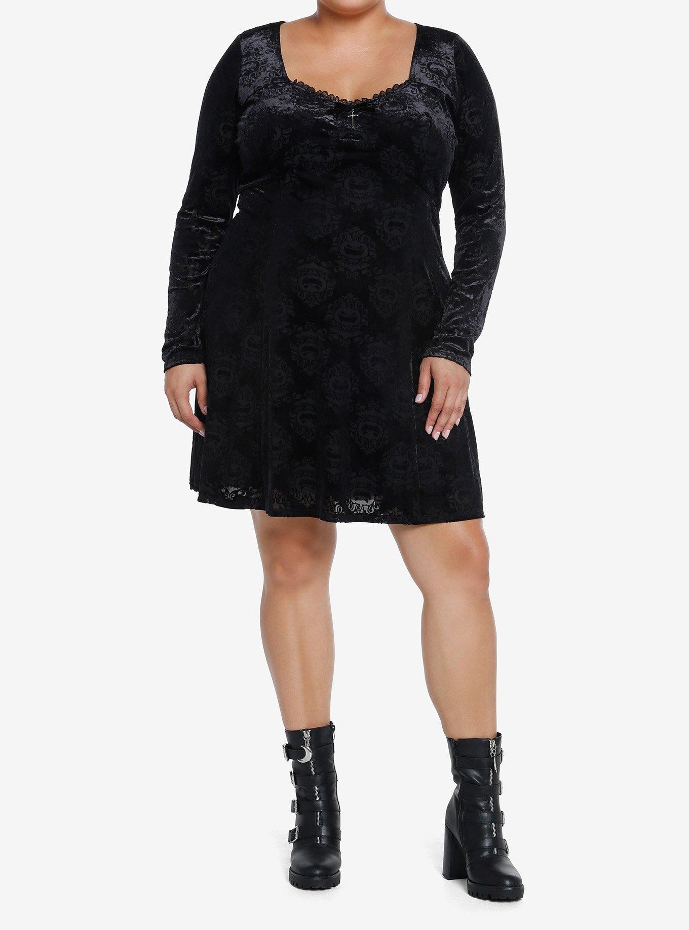 Cosmic Aura Pumpkin Bats Damask Velvet Dress Plus Size, , hi-res