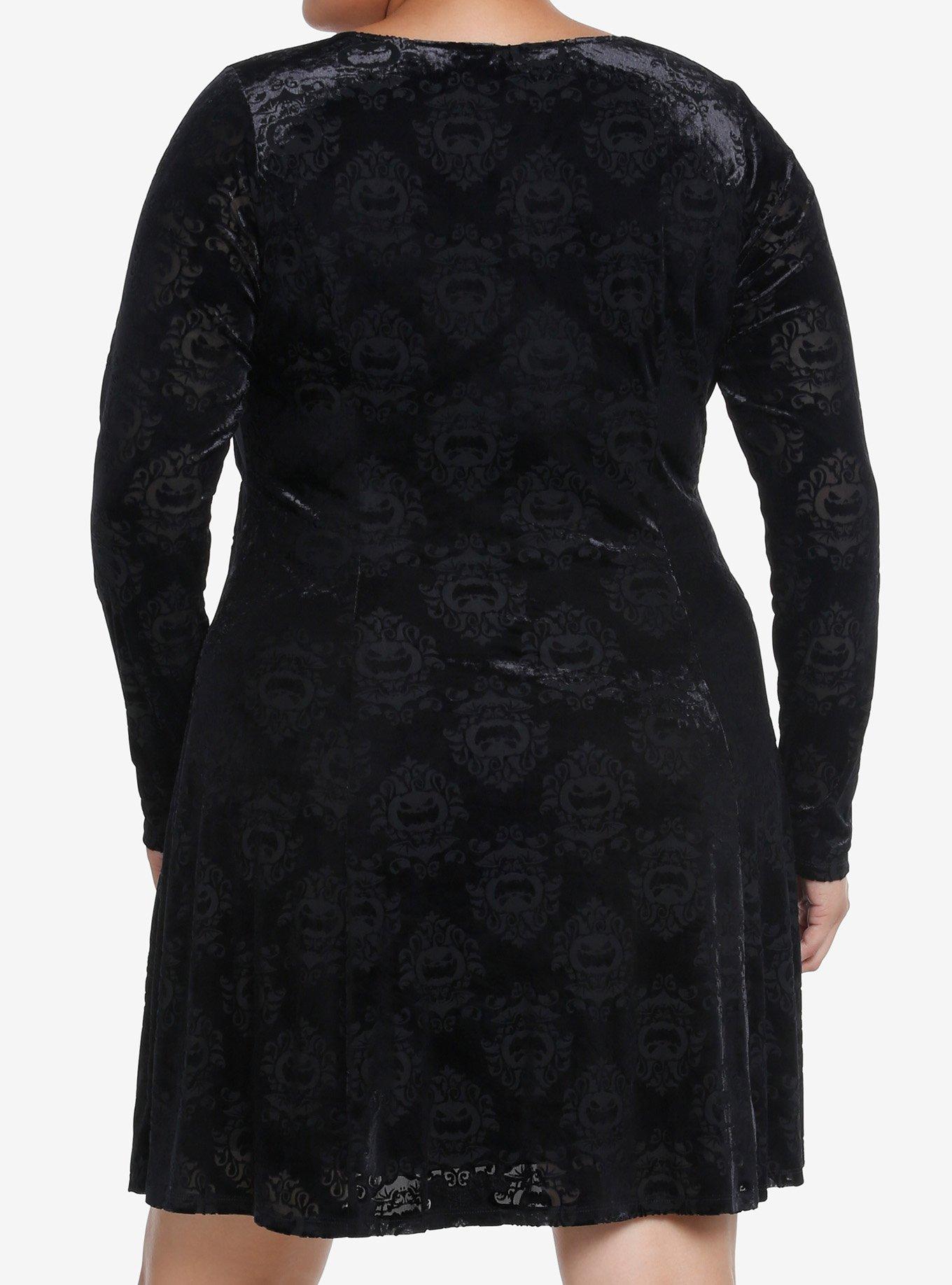 Cosmic Aura Pumpkin Bats Damask Velvet Dress Plus Size, BLACK, alternate