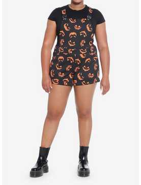 Social Collision Black & Orange Pumpkin Scuba Shortalls Plus Size, , hi-res