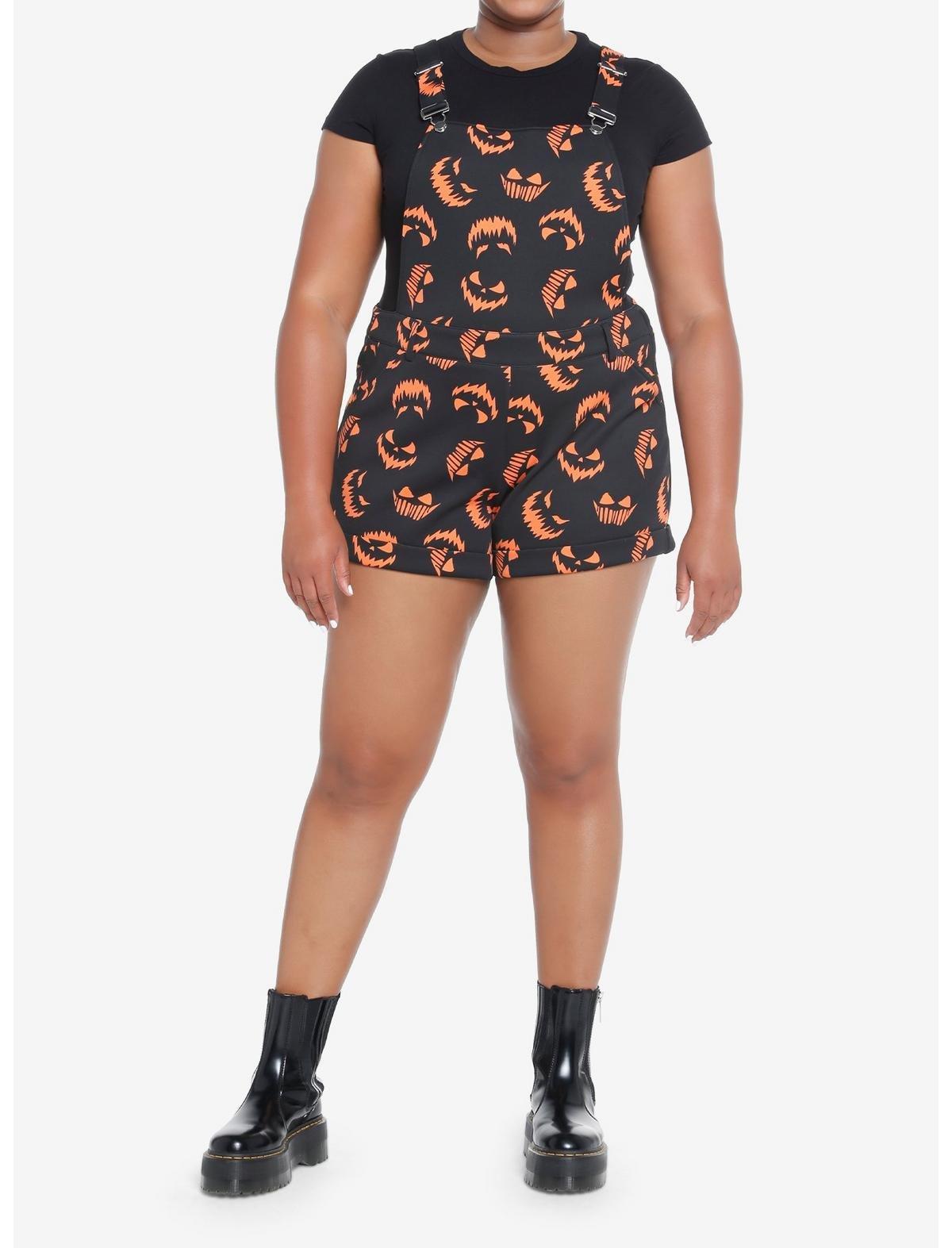 Social Collision Black & Orange Pumpkin Scuba Shortalls Plus Size, MULTI, alternate