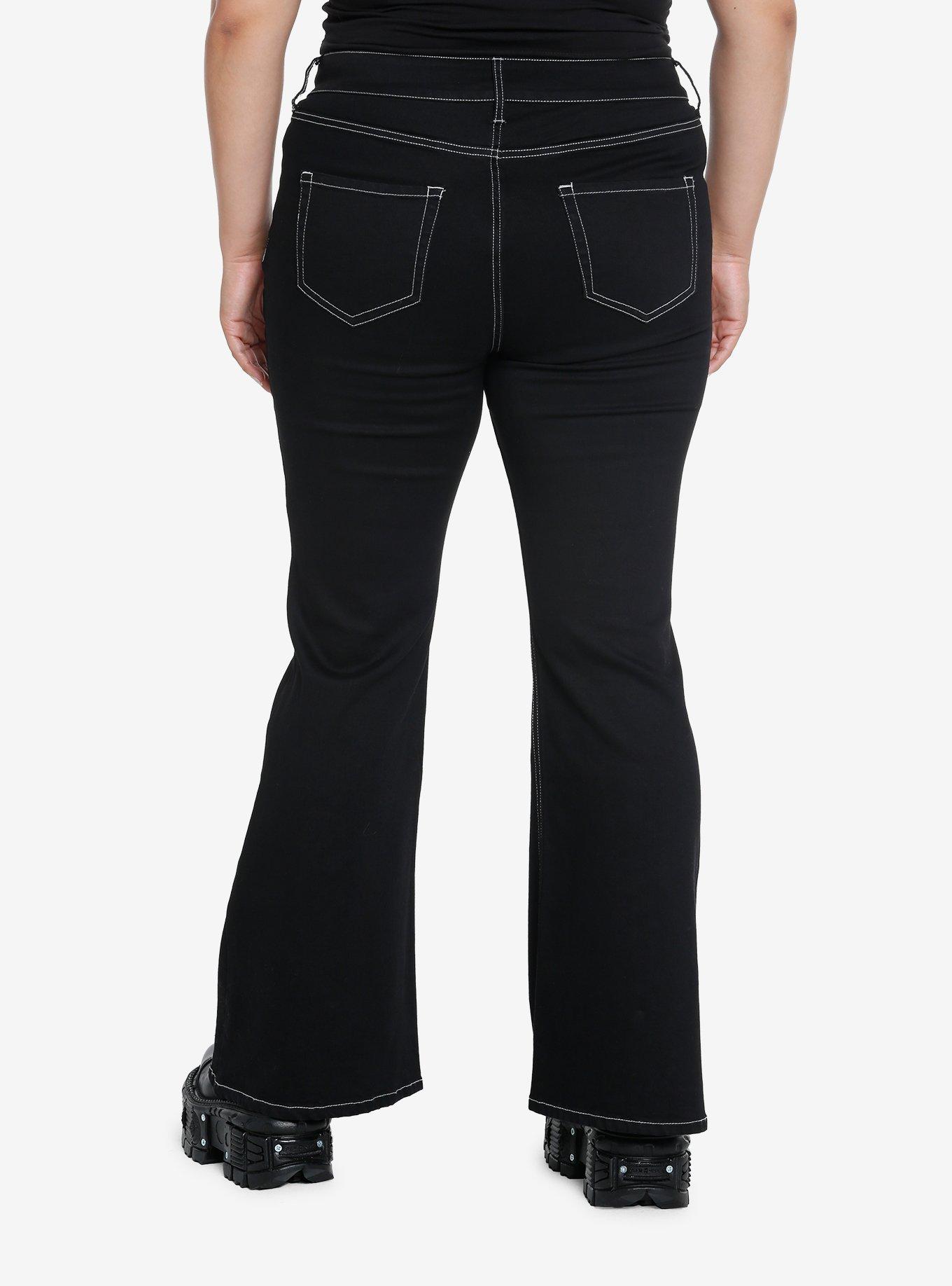 Black Buckle Lace-Up Flare Pants Plus Size, , hi-res