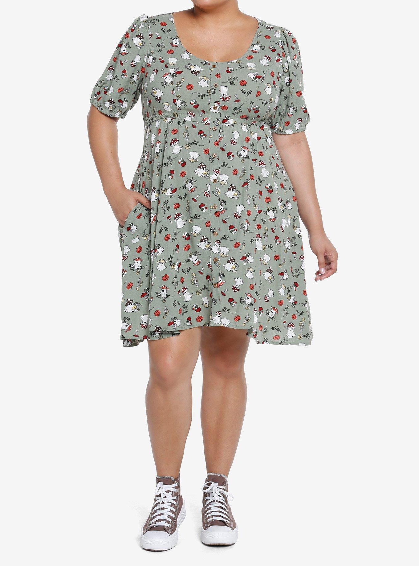 Thorn & Fable Mushroom Ghost Babydoll Dress Plus Size, GREEN, alternate