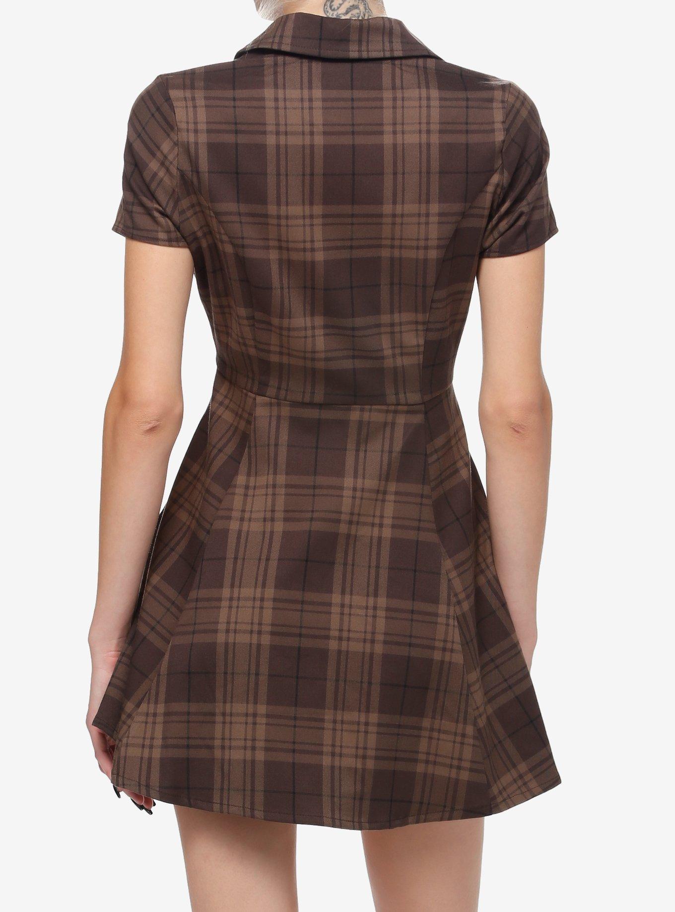 Thorn & Fable Brown Plaid Retro Dress, PLAID - BROWN, alternate