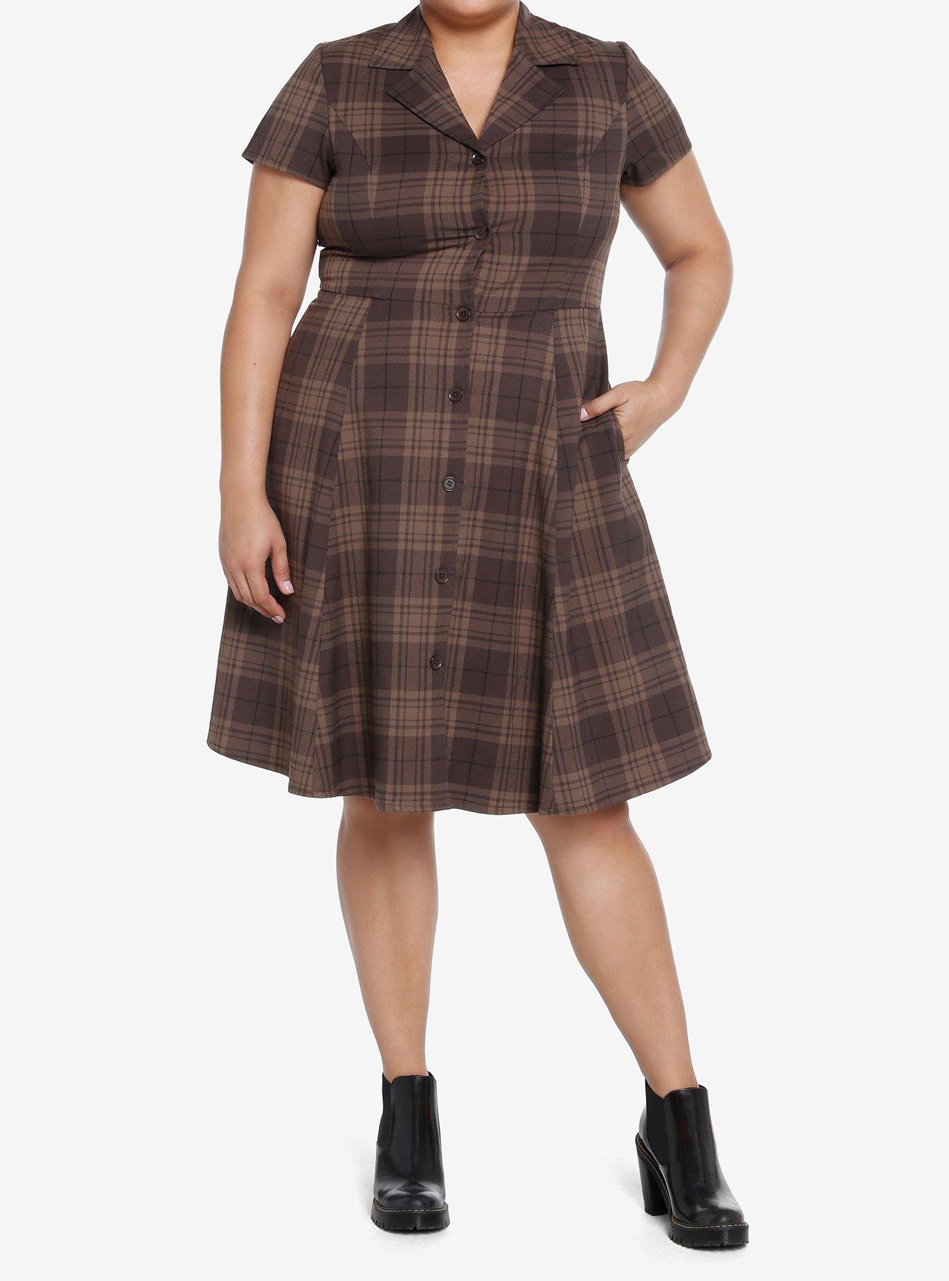 Thorn & Fable Brown Plaid Retro Dress Plus Size, PLAID - BROWN, alternate