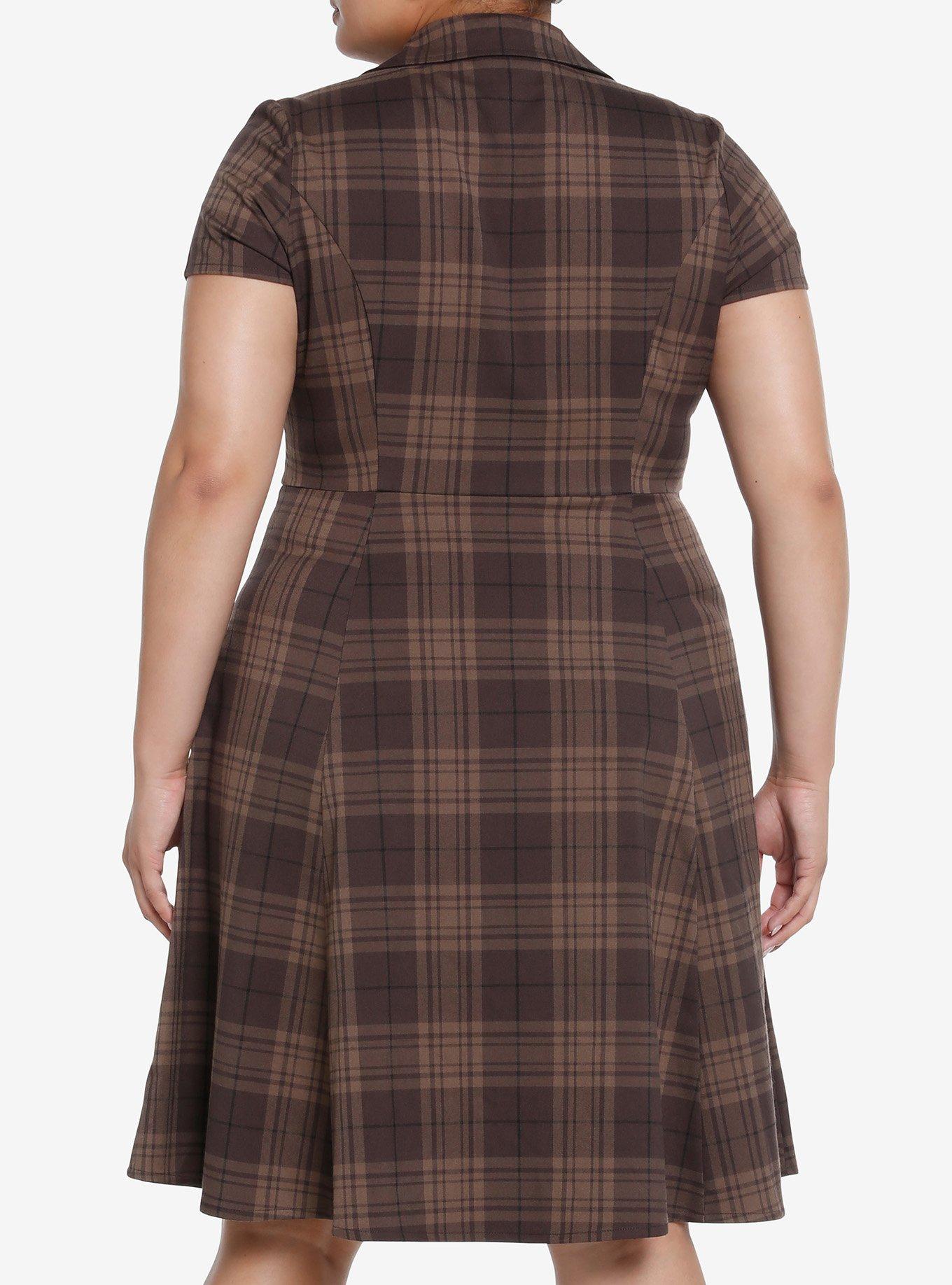 Thorn & Fable Brown Plaid Retro Dress Plus Size, PLAID - BROWN, alternate