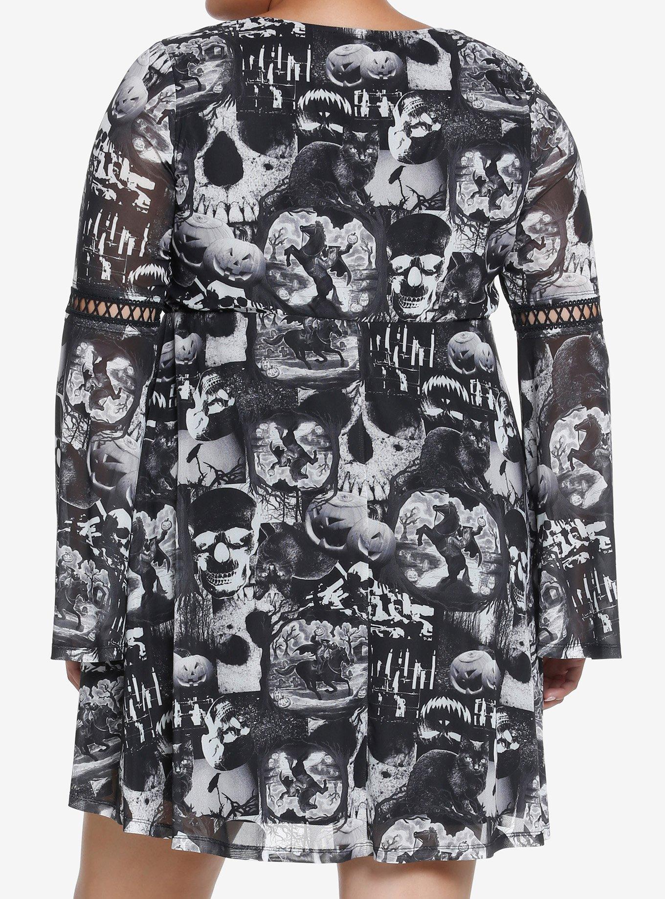 Social Collision Sleepy Hollow Collage Bell Sleeve Dress Plus Size, MULTI, alternate