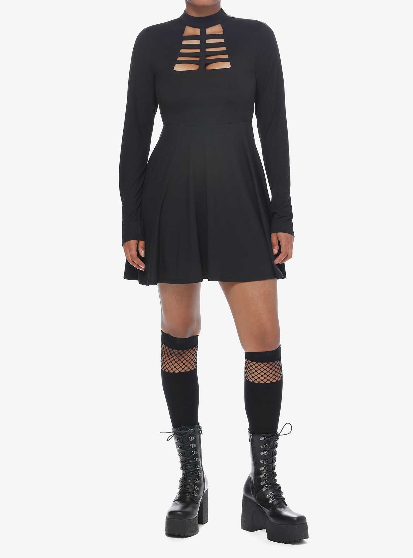 Cosmic Aura Black Cutout Mock Neck Long-Sleeve Dress, , hi-res
