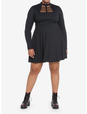 Cosmic Aura Black Cutout Mock Neck Long-Sleeve Dress Plus Size, , hi-res
