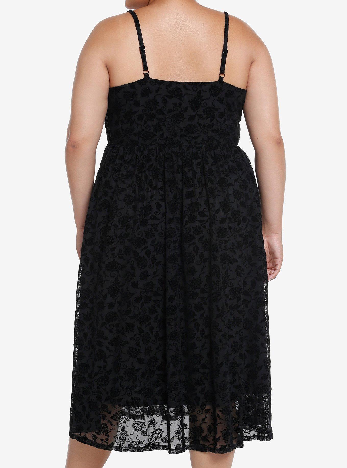 Cosmic Aura Black Rose Flocked Midi Dress Plus Size, BLACK, alternate