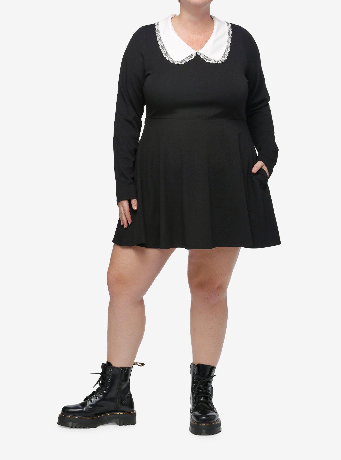 Cosmic Aura Black Peter Pan Collar Long-Sleeve Dress Plus Size, , hi-res
