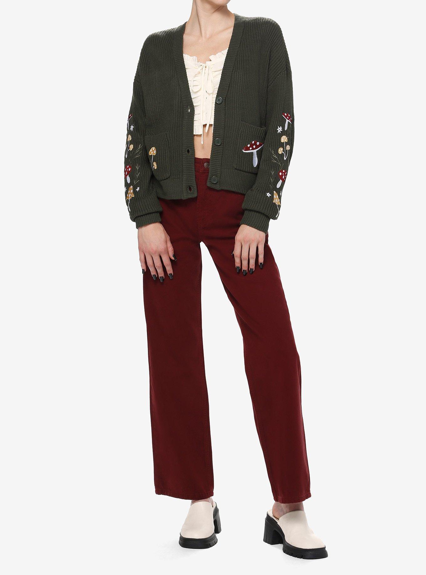 Thorn & Fable Mushroom Embroidered Girls Crop Cardigan, MUSHROOM, alternate