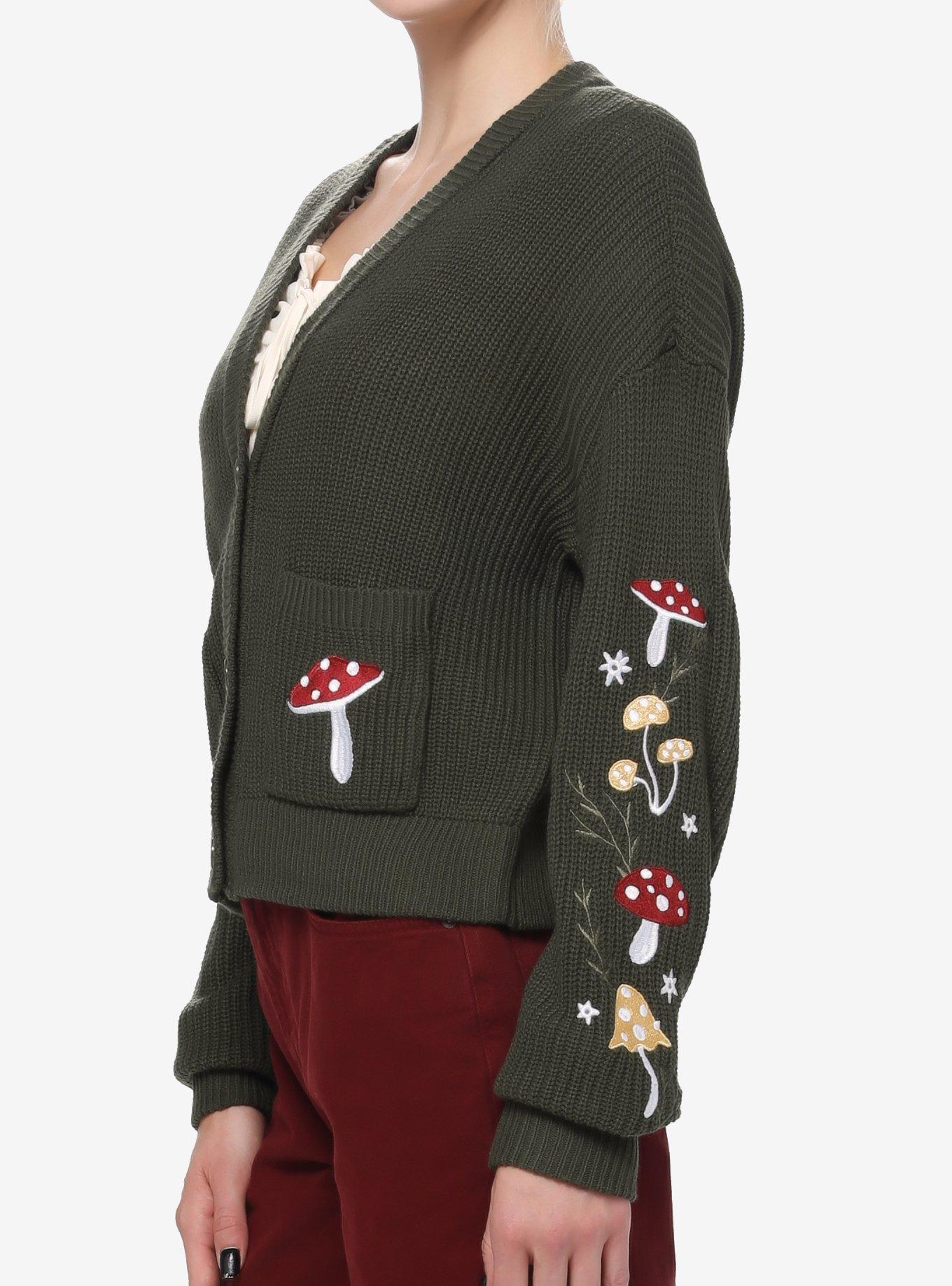 Thorn & Fable Mushroom Embroidered Girls Crop Cardigan, MUSHROOM, alternate