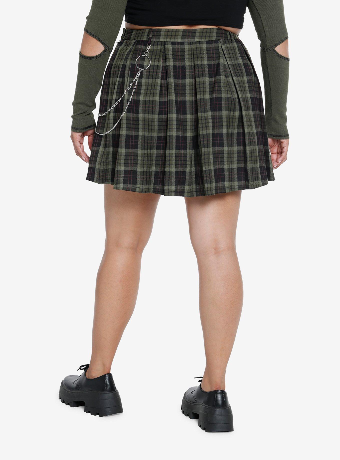 Thorn & Fable Green Plaid Side Chain Skirt Plus Size, PLAID - GREEN, alternate