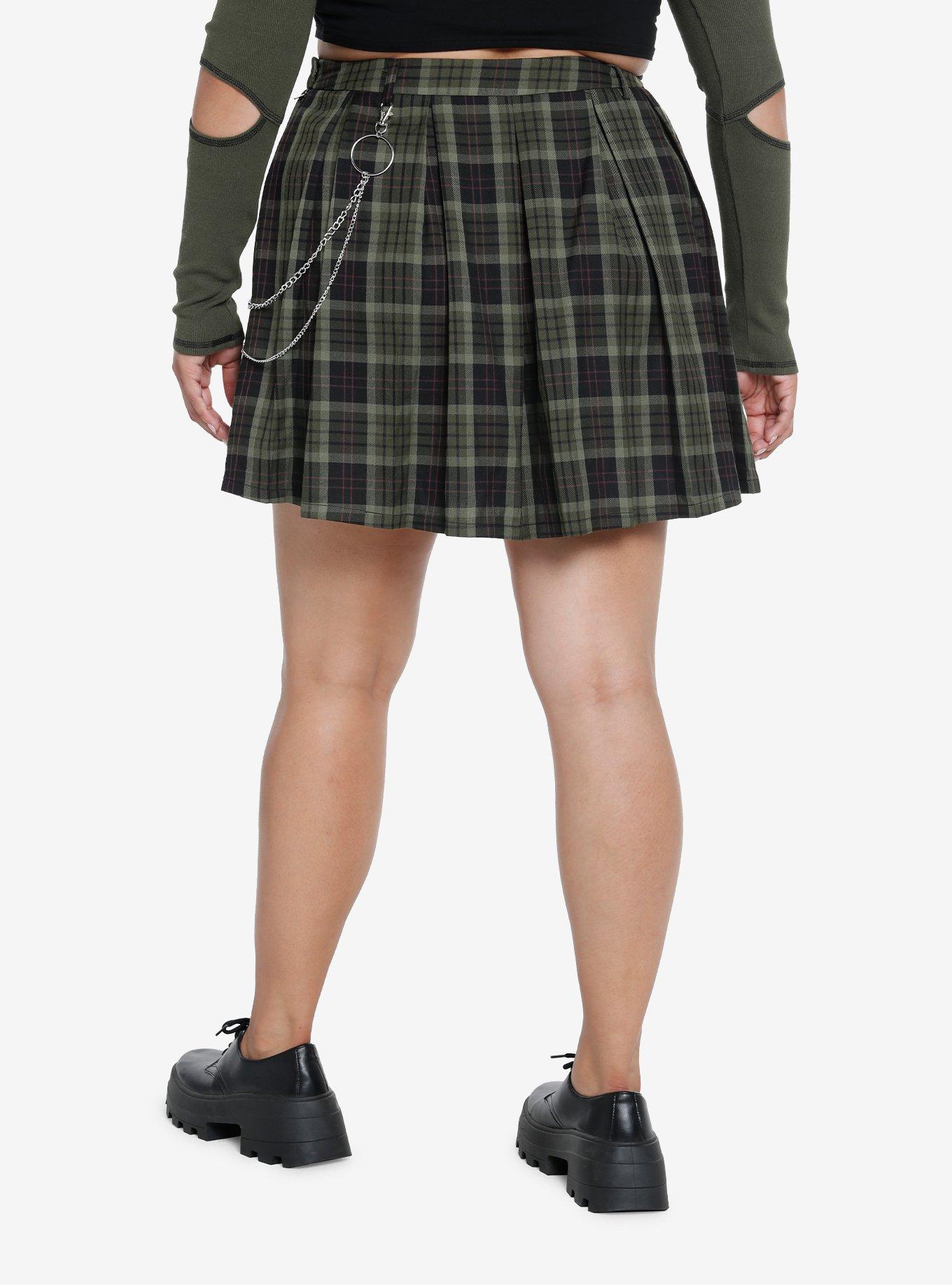 Thorn & Fable Green Plaid Side Chain Skirt Plus Size, PLAID - GREEN, alternate