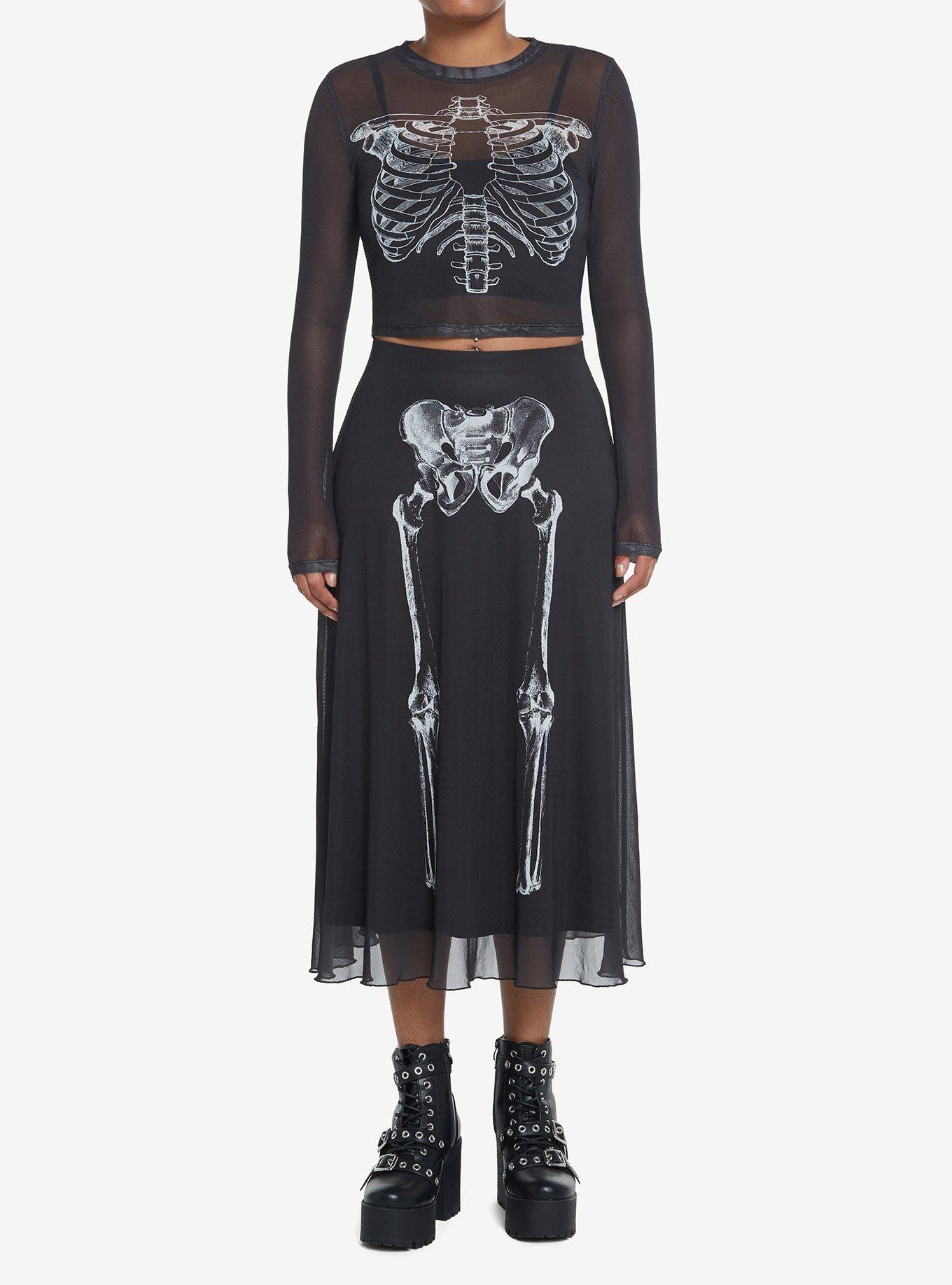 Social Collision Skeleton Anatomy Mesh Midi Skirt, BLACK, alternate