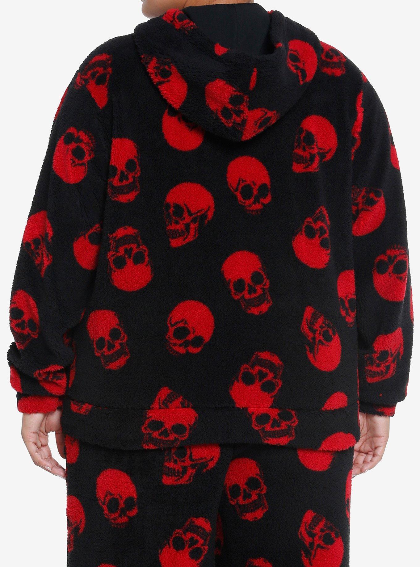 Social Collision Red Skulls Sherpa Girls Hoodie Plus Size, RED, alternate