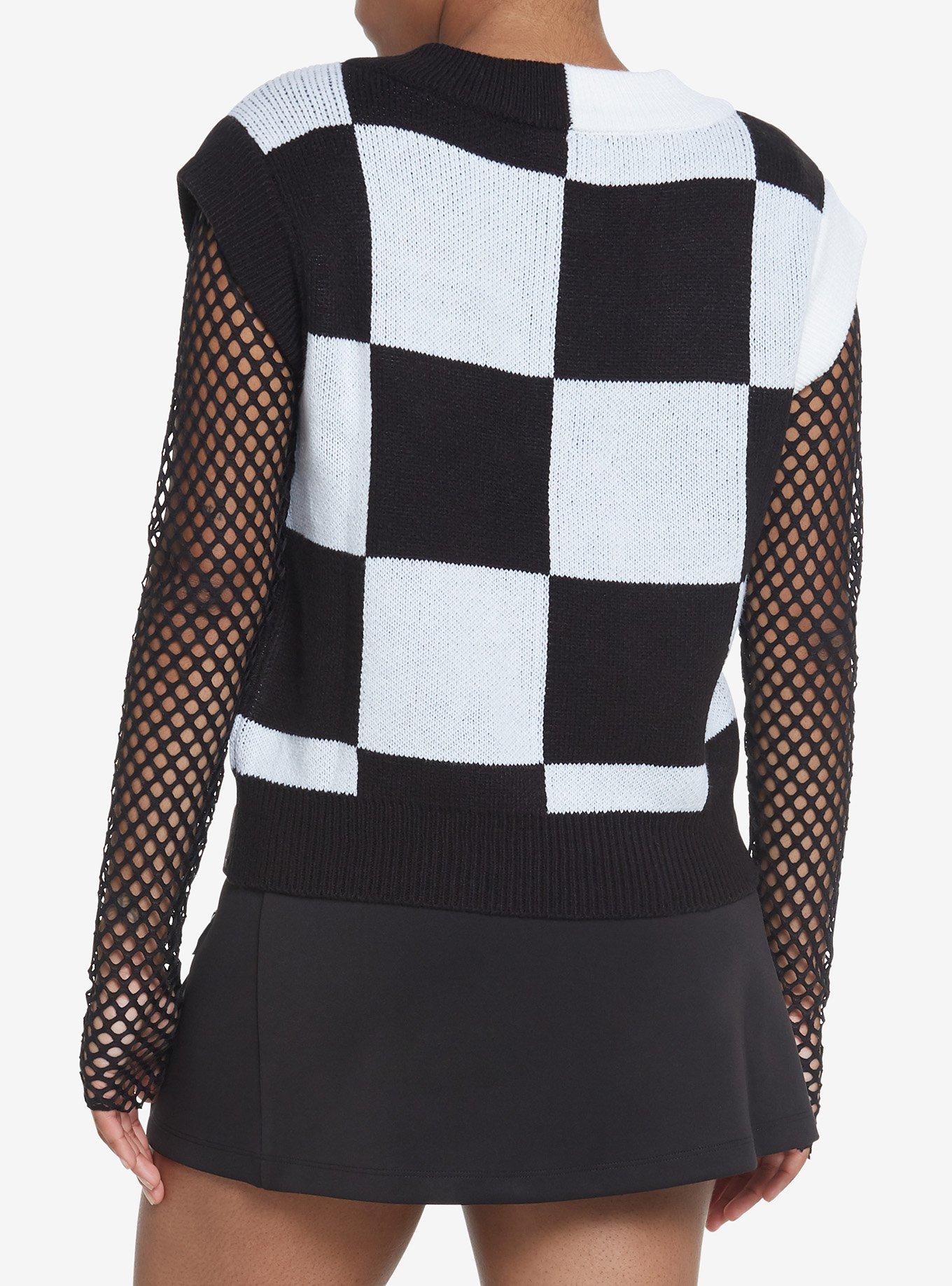 Social Collision Black & White Checkered Girls Sweater Vest, WHITE, alternate