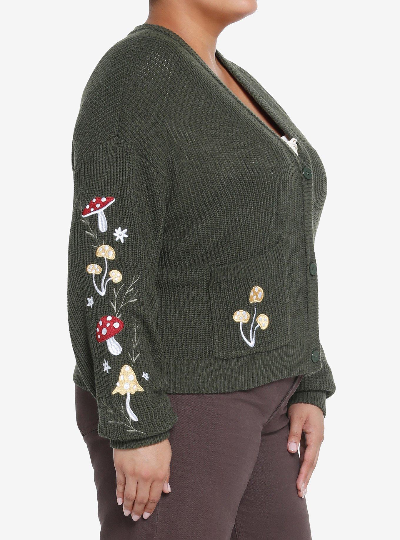 Thorn & Fable Mushroom Embroidered Crop Girls Cardigan Plus Size, MUSHROOM, alternate