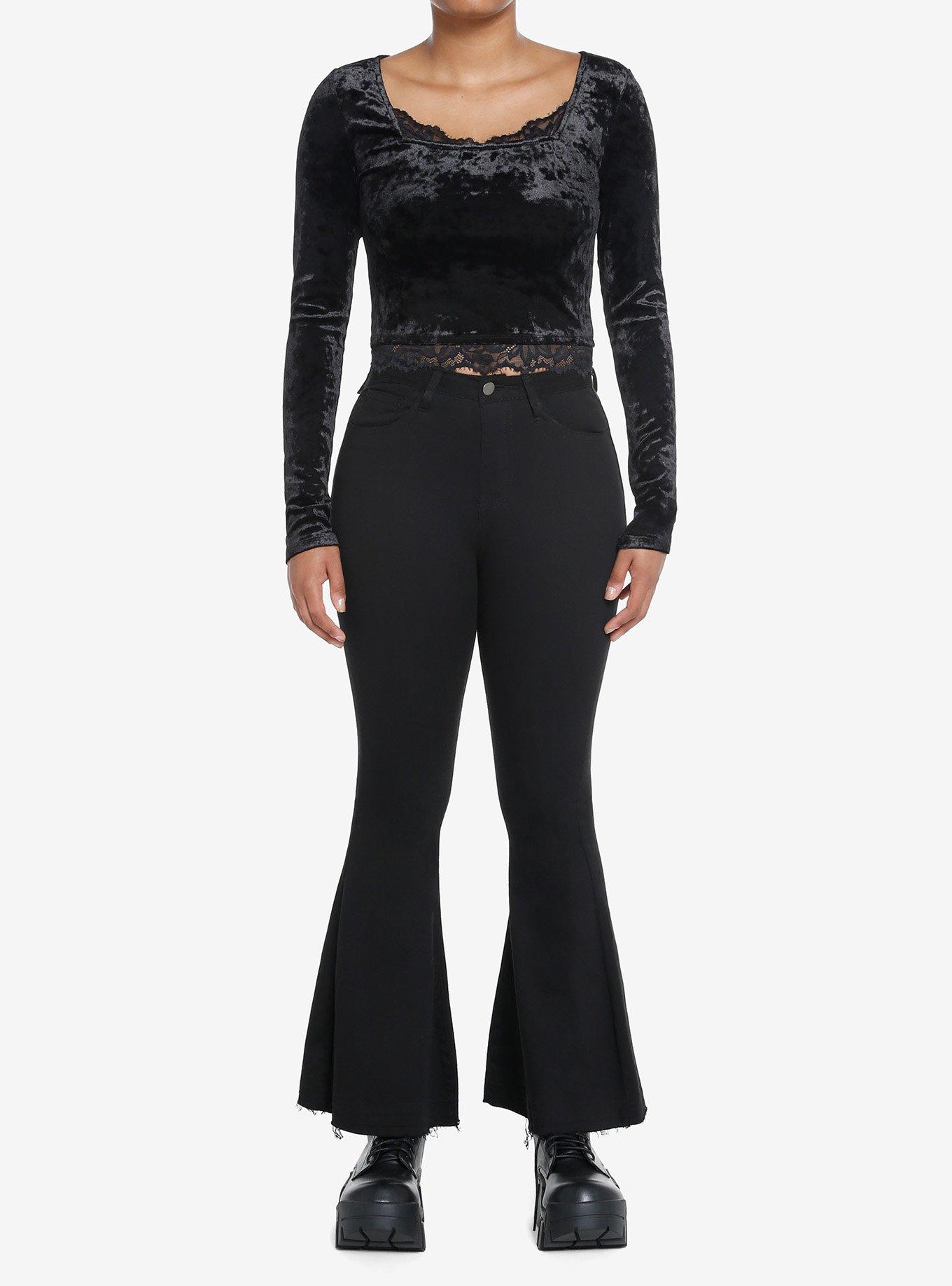 Social Collision Black Velvet Lace Girls Crop Long-Sleeve Top, BLACK, alternate