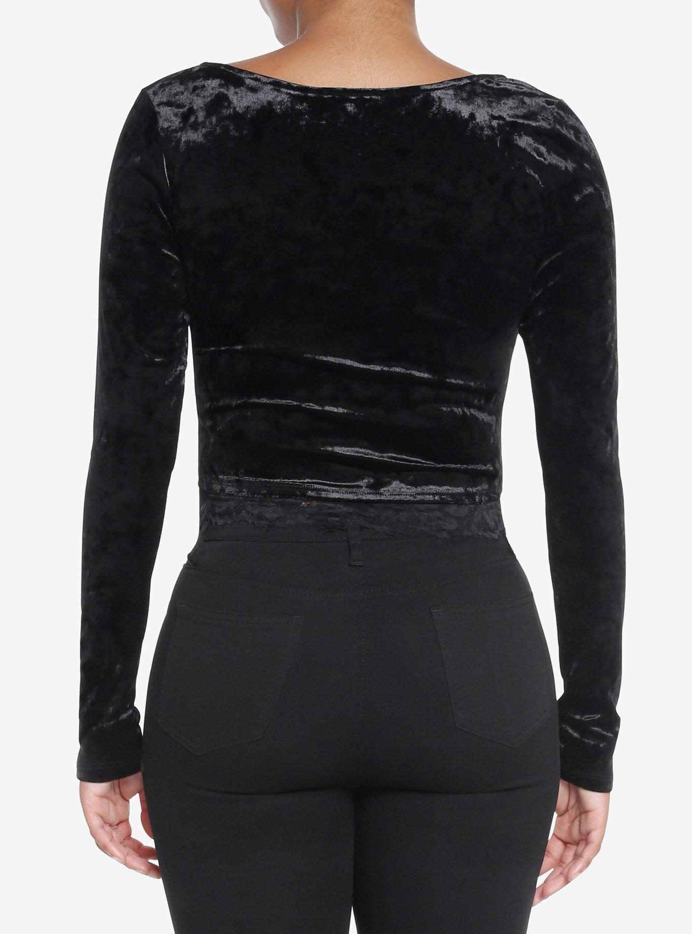 Social Collision Black Velvet Lace Girls Crop Long-Sleeve Top, BLACK, alternate