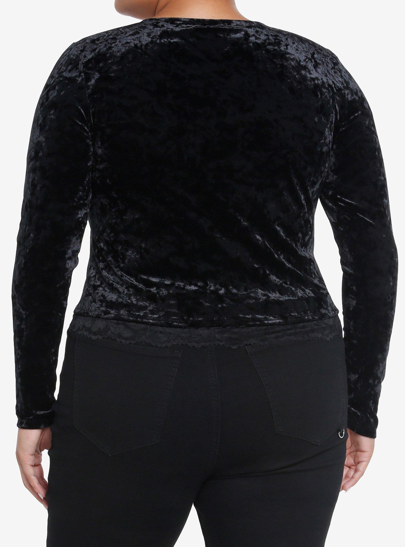 Social Collision Black Velvet Lace Girls Crop Long-Sleeve Top Plus Size, BLACK, alternate