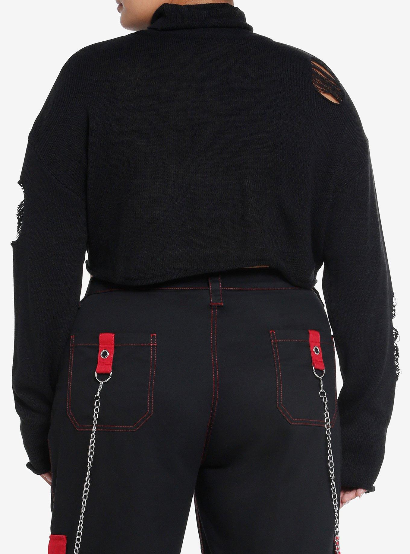 Social Collision Hardware Destructed Girls Crop Sweater Plus Size, BLACK, alternate