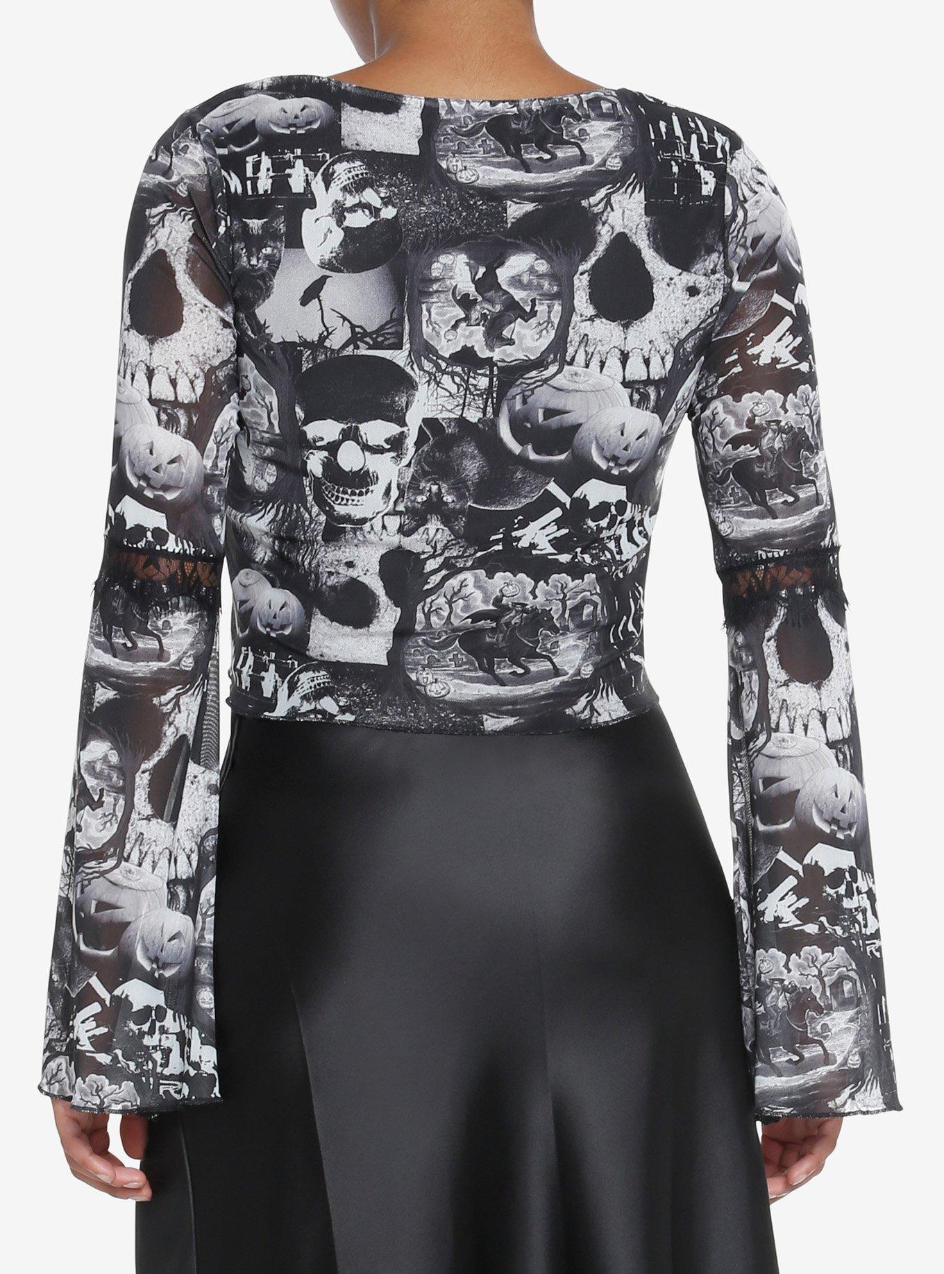 Social Collision Sleepy Hollow Collage Bell Sleeve Girls Crop Top, WHITE GRAY, alternate