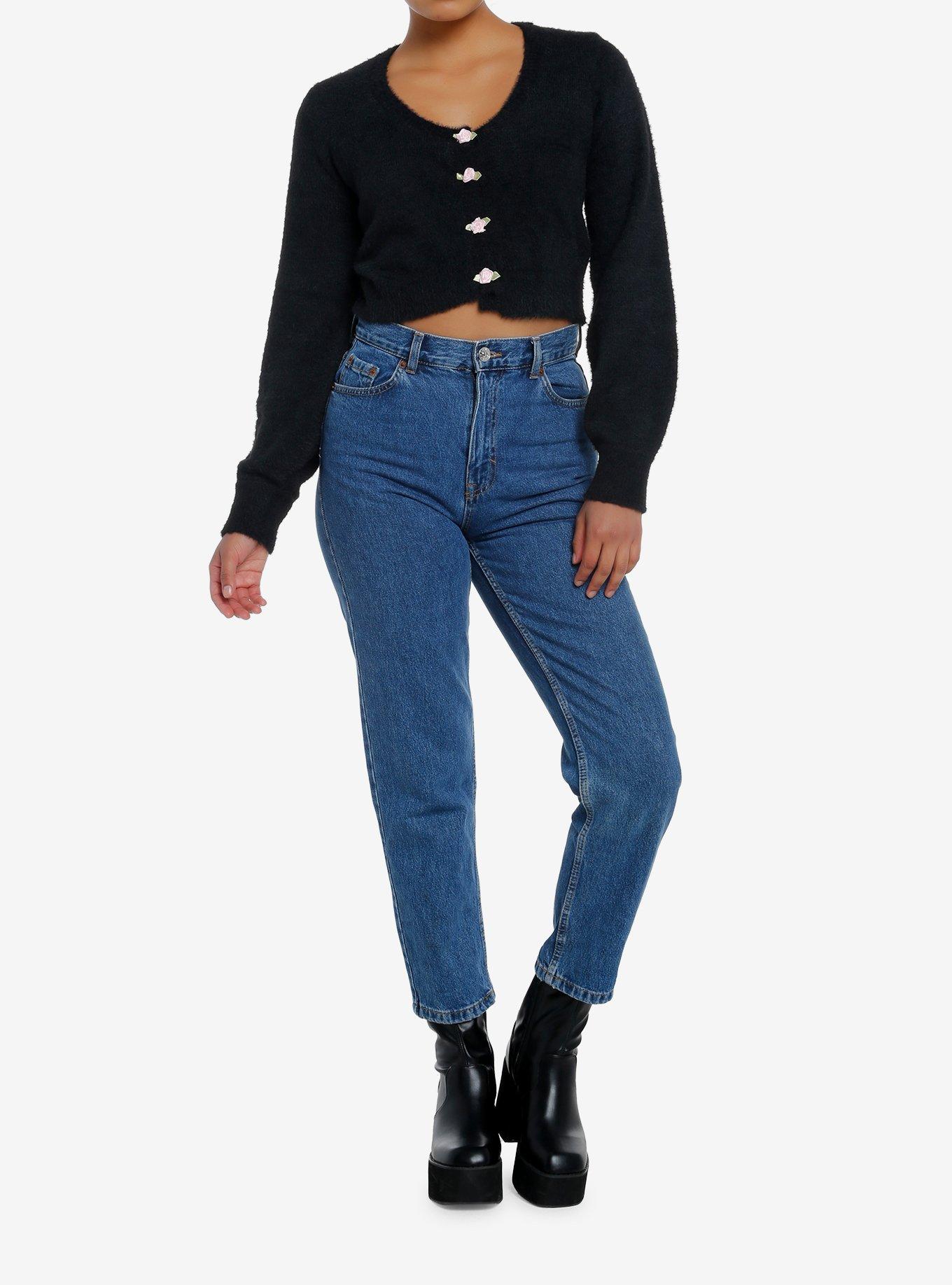 Sweet Society Black Fuzzy Rosette Buttons Crop Girls Cardigan, BLACK, alternate