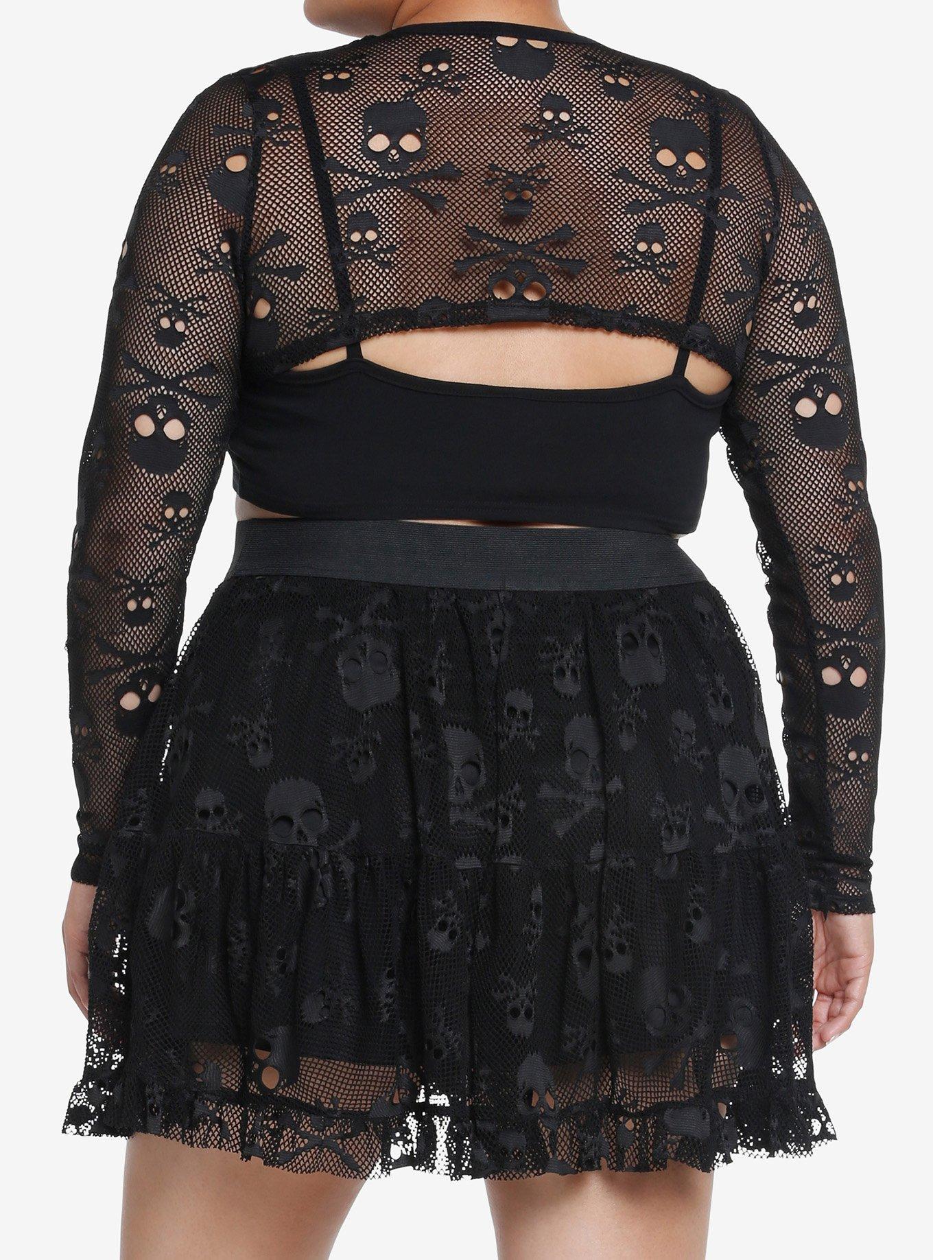 Social Collision Skull Fishnet Girls Crop Shrug Plus Size, SKULL, alternate